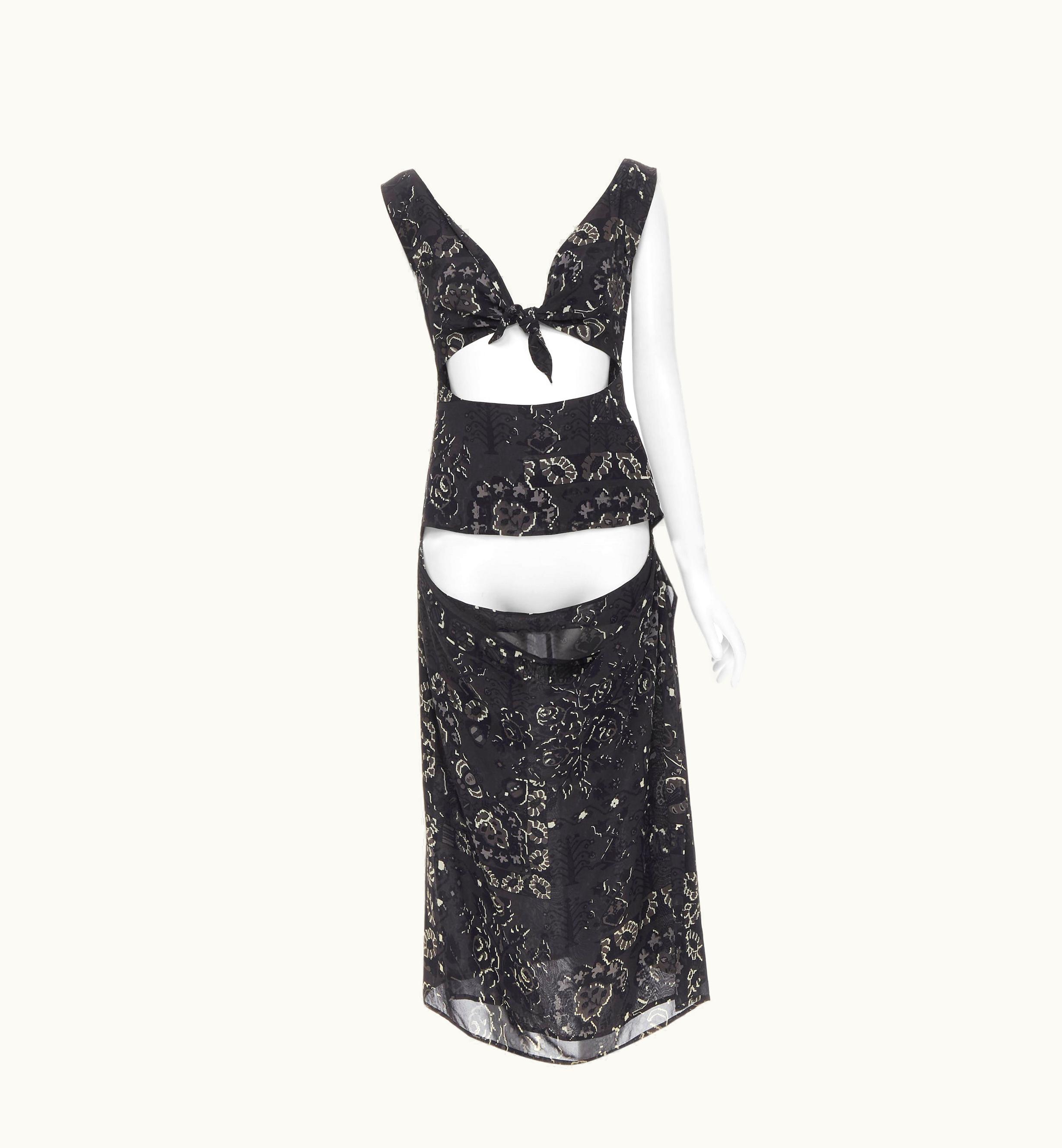 Yohji Yamamoto Black Pixelated Floral Paisley Print Cut Out Draped Front Midi Dr