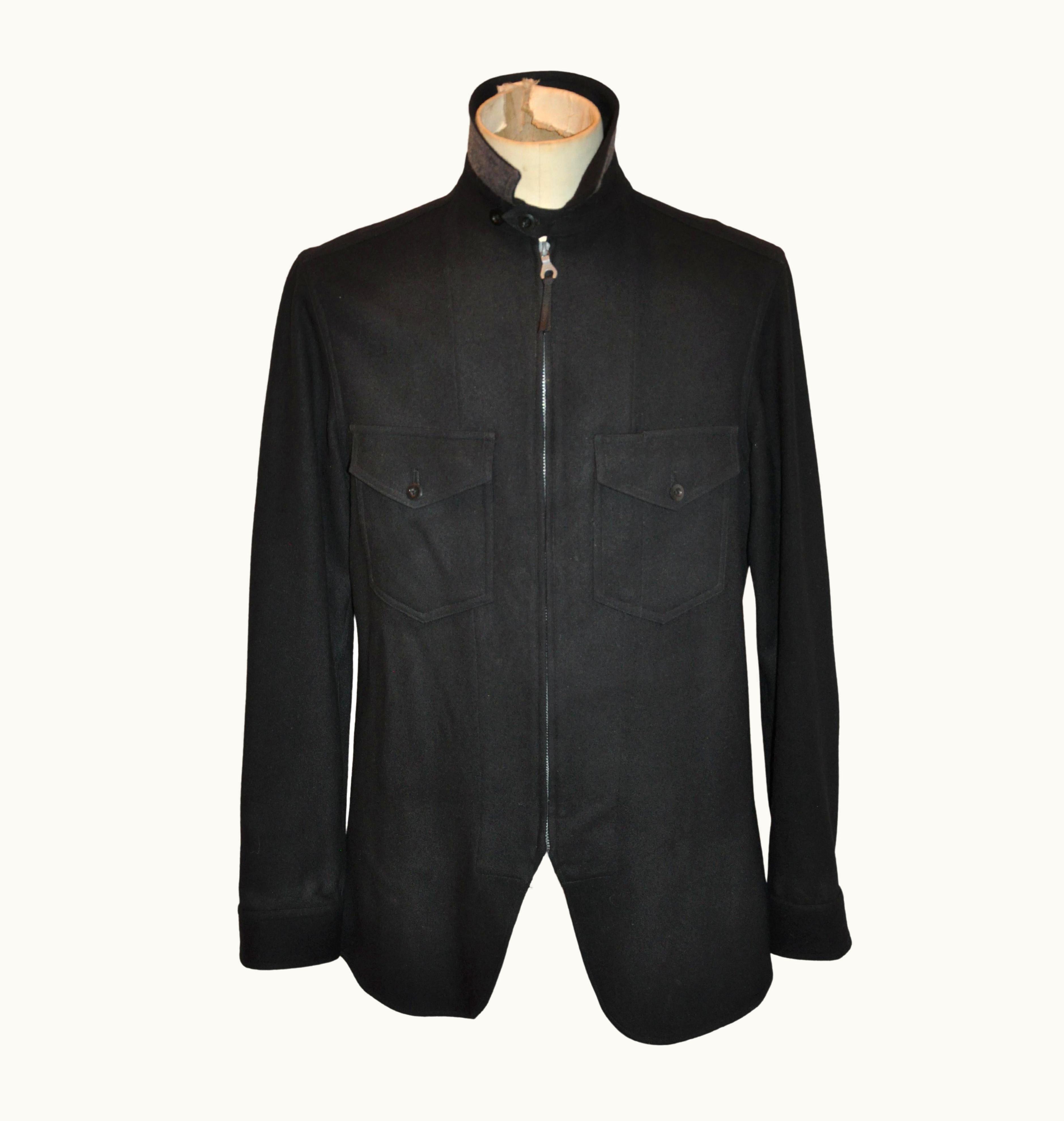 Yohji Yamamoto Men' Black 2-Way Zipper Front Patch Pocket Scallop Hem Jacket