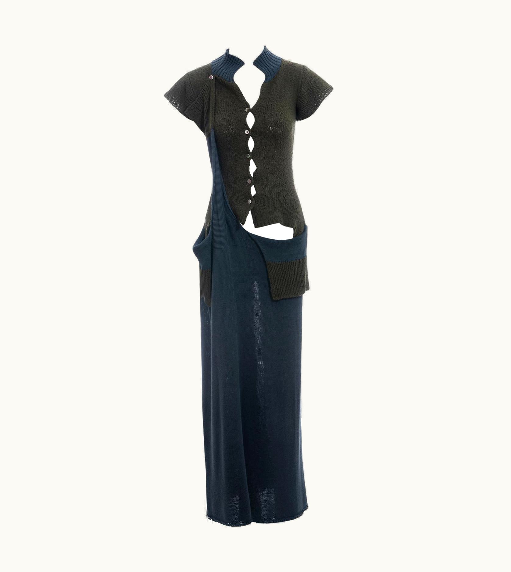 Yohji Yamamoto Green And Blue Knitted Cotton Button Up Dress, S/S 1996