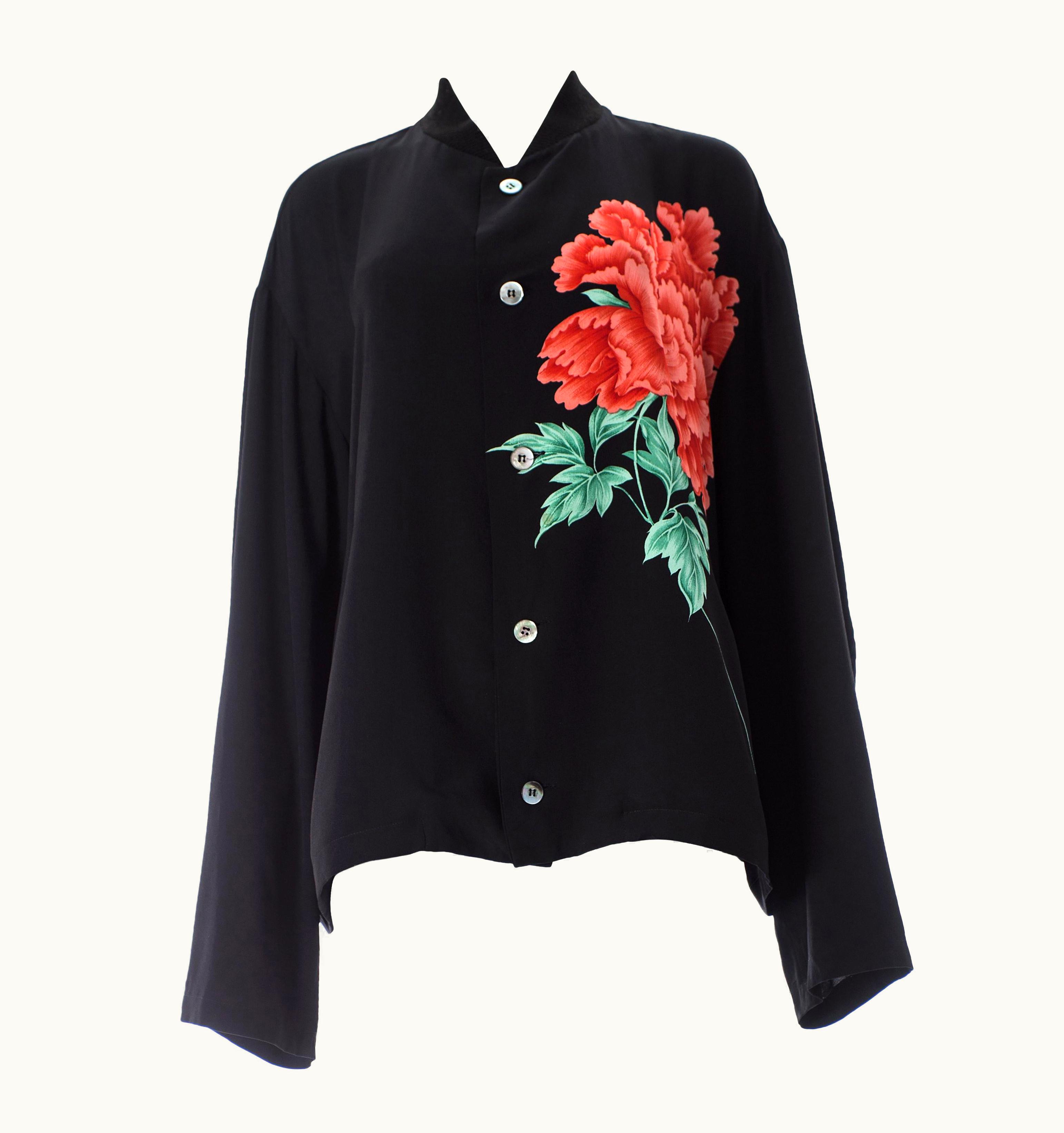 Yohji Yamamoto Pour Homme Black Loose Cut Shirt With Red Floral Print, S/S 1996