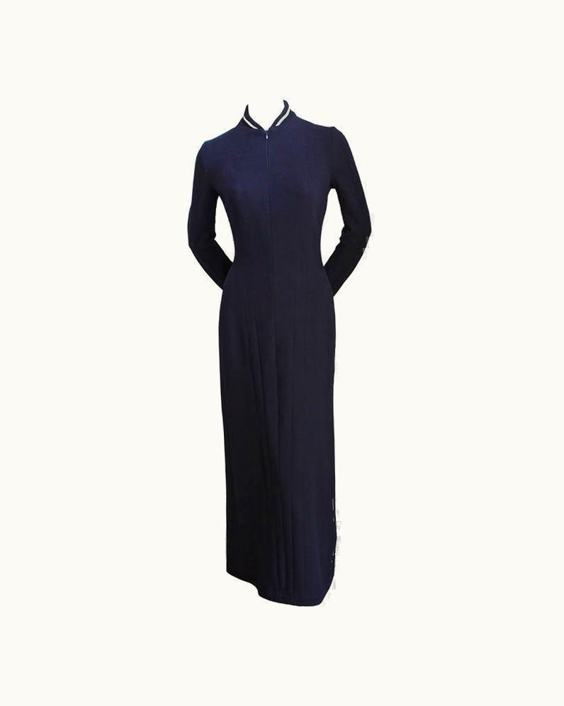 Yohji Yamamoto 2001 Yohji Yamamoto Navy Blue Seamed Wool Runway Dress With Striped Collar