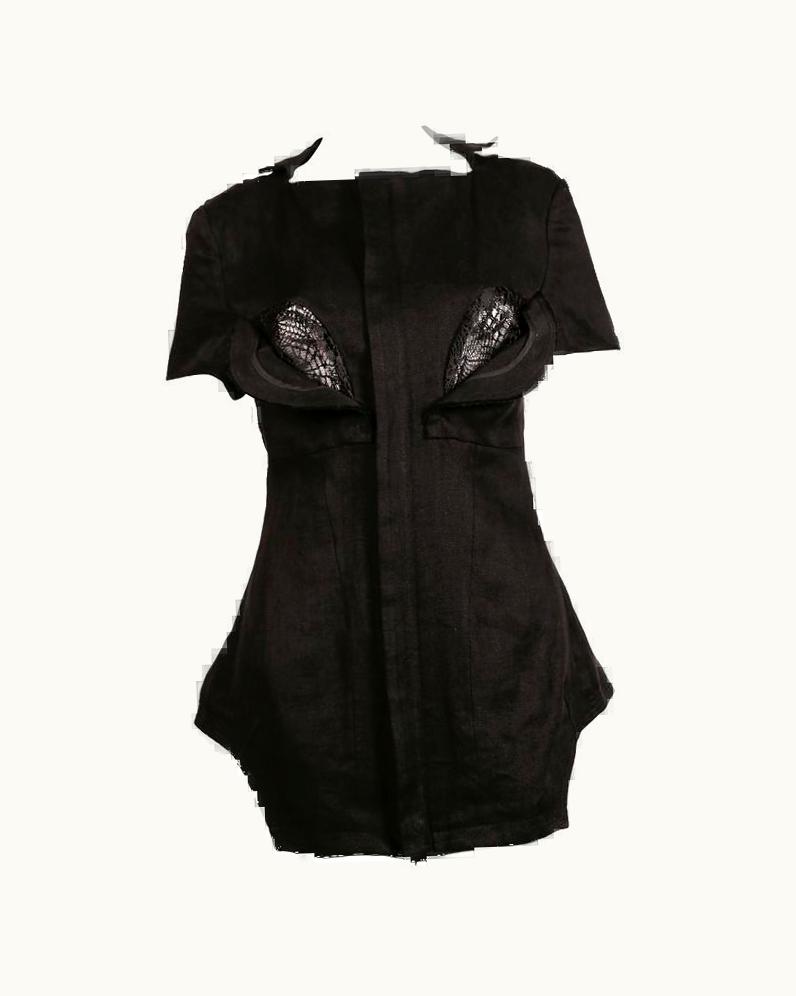 Yohji Yamamoto 2005 Yohji Yamamoto Black Linen Runway Jacket With Lace Inserts