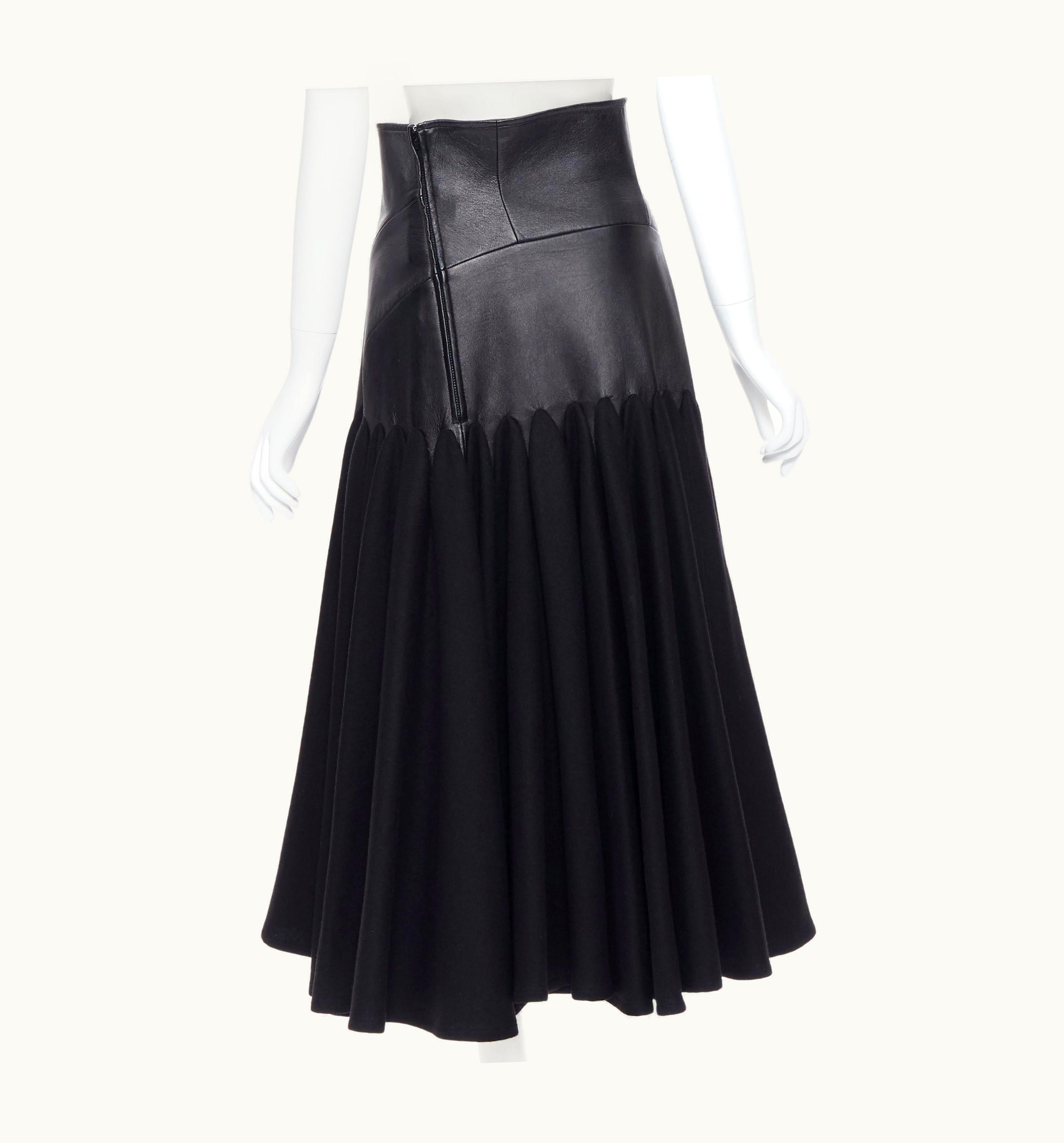 Yohji Yamamoto Yohji Yamamoto AW18 Runway Black Leather Waist Pleated Hem Skirt Jp2