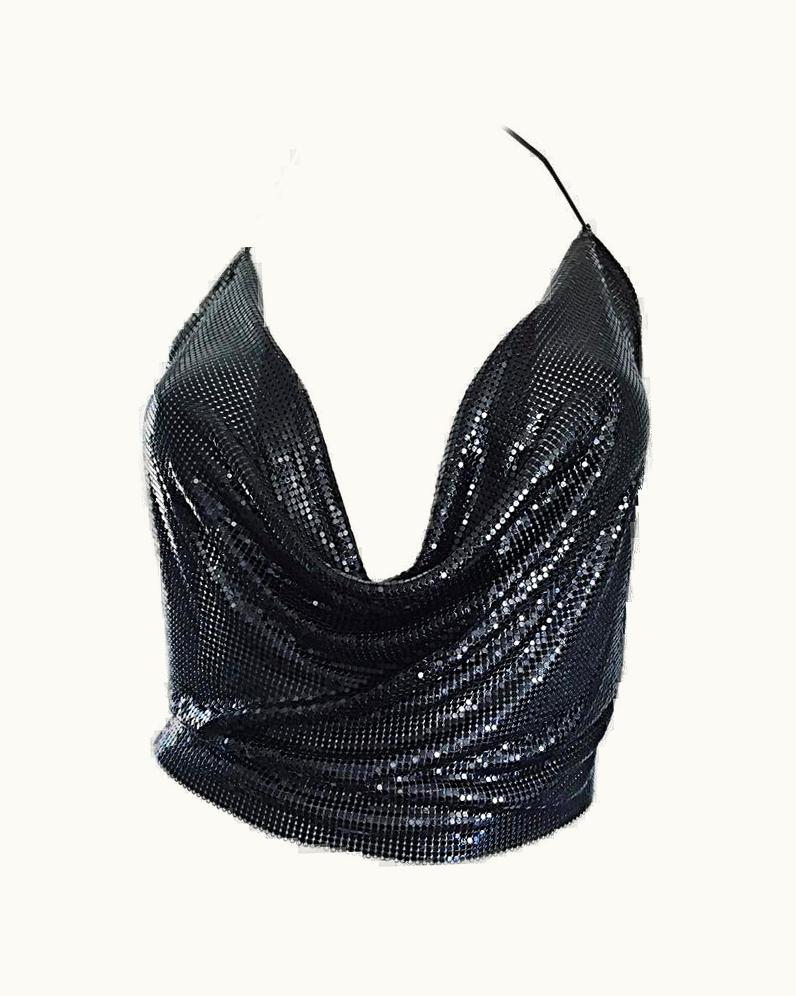 Paco Rabanne 1970s Vintage Chain Mail Metal Mesh Gunmetal Black Halter Top