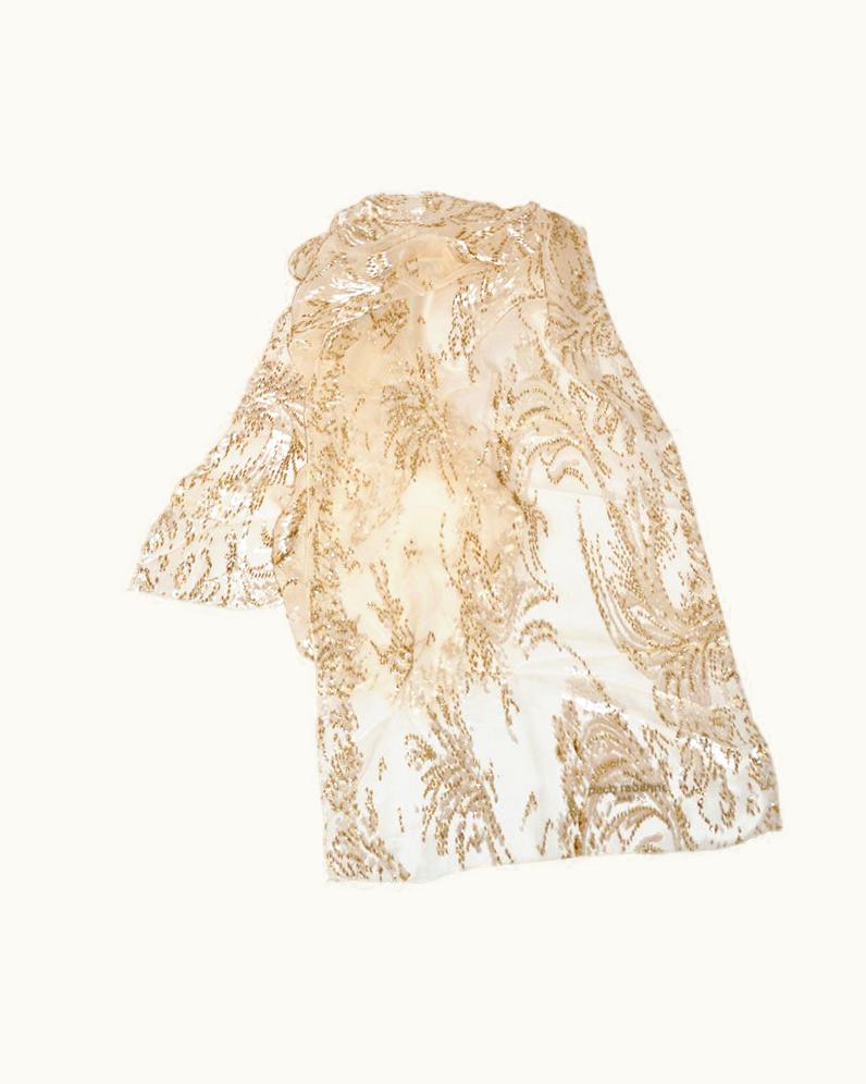 Paco Rabanne Large Paco Rabanne Cream Silk Chiffon With Gold Lame And Velvet Scarf