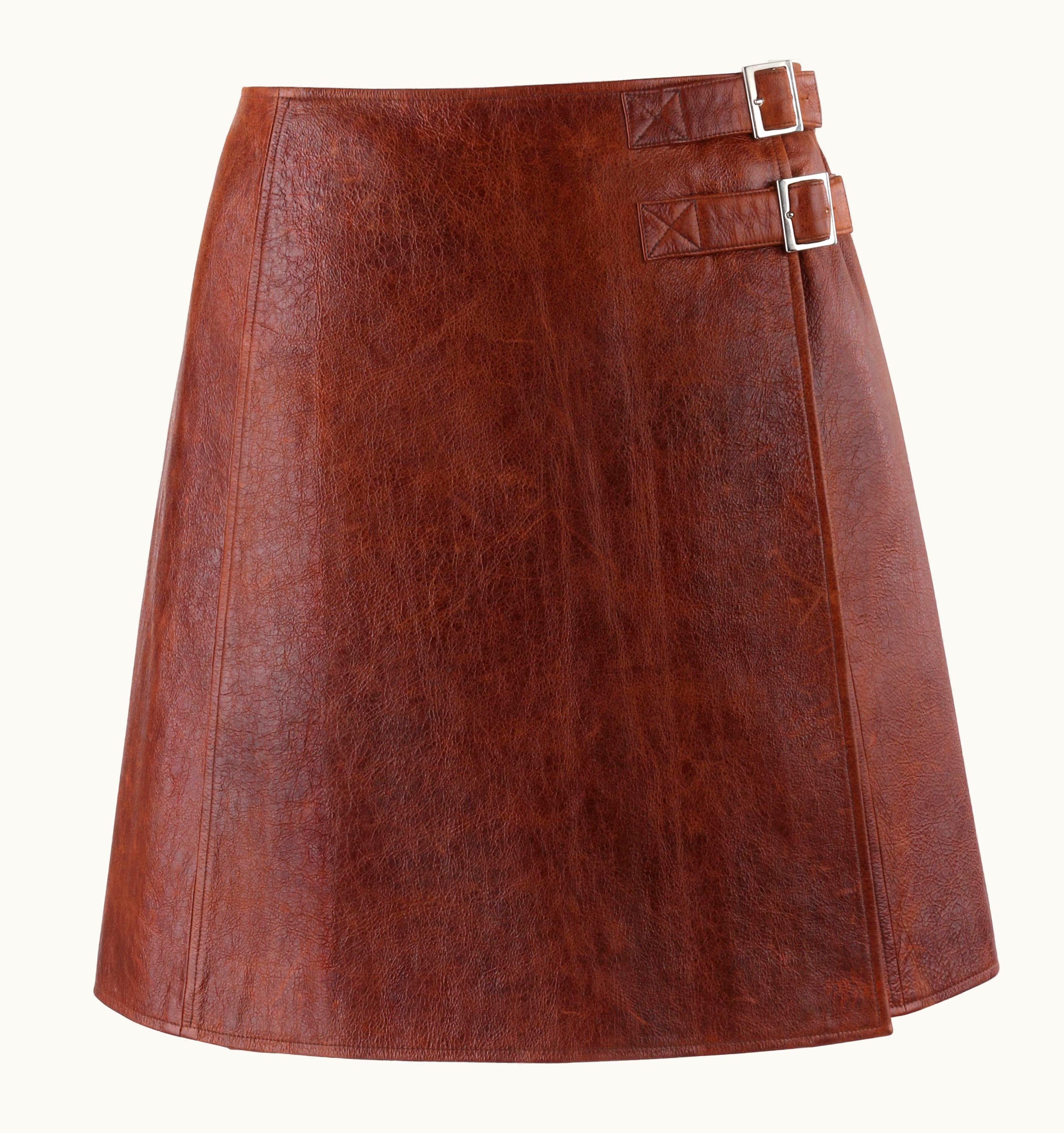 Paco Rabanne Paco Rabanne Sienna Brown Lamb Leather Dual Buckle A-Line Wrap Skirt