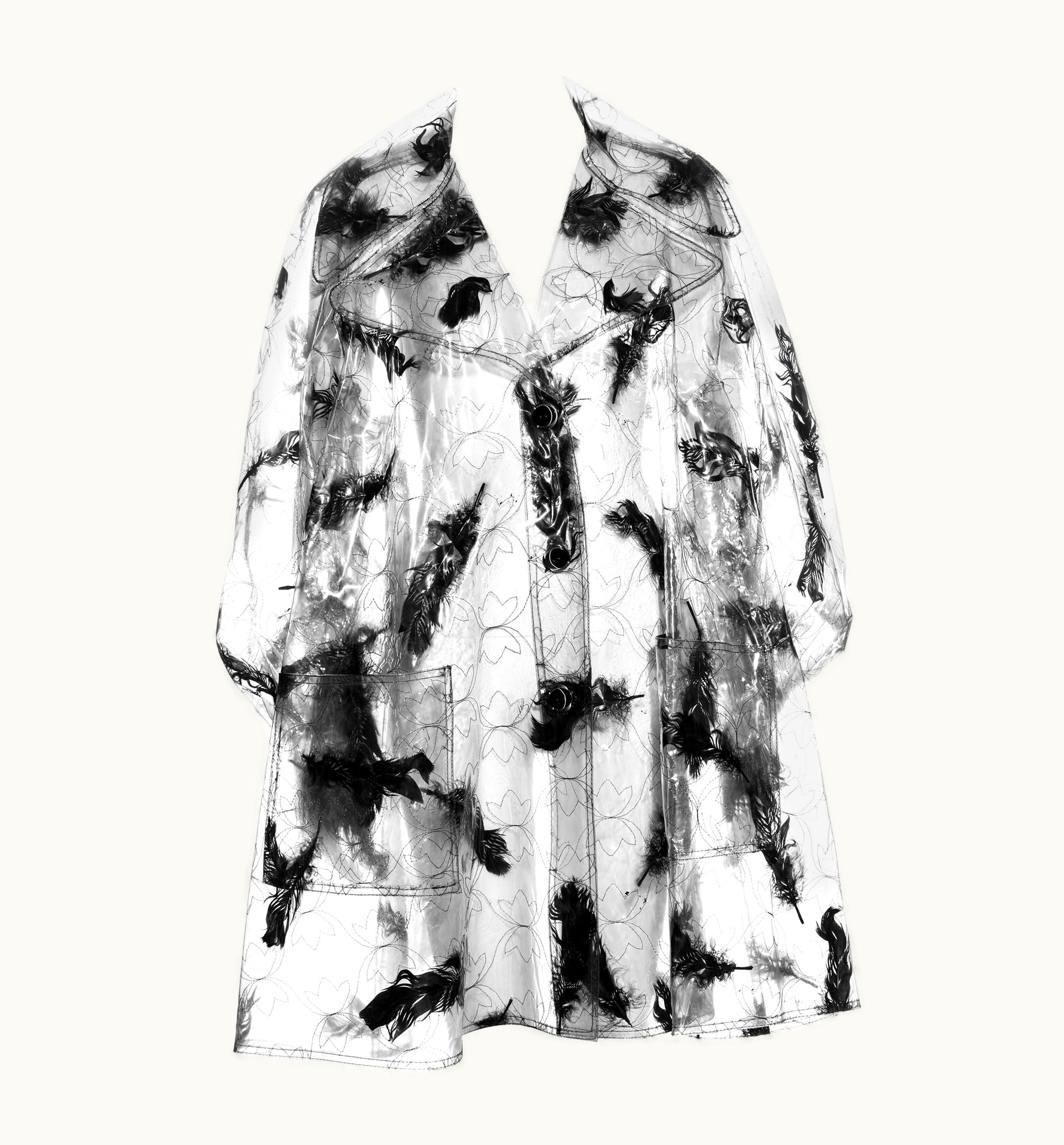 Paco Rabanne Clear Plastic Embroidered Coat With Incased Black Feathers, C 1960