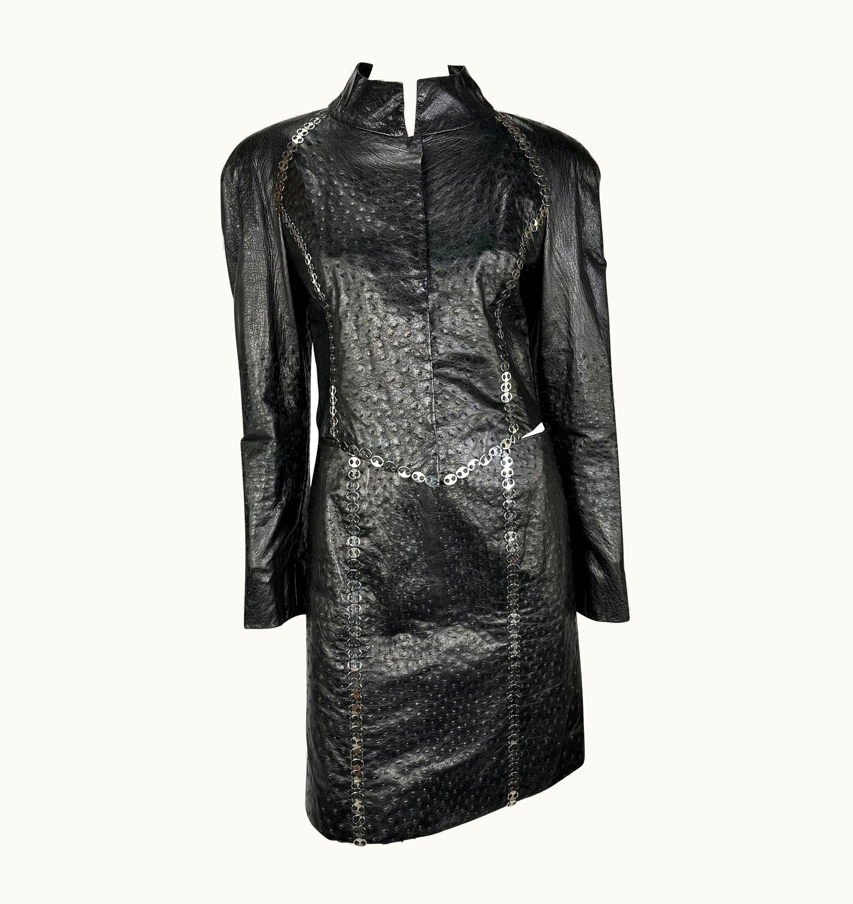 Paco Rabanne 1990s Paco Rabanne Haute Couture Black Ostrich Leather Chain Accent Skirt Suit