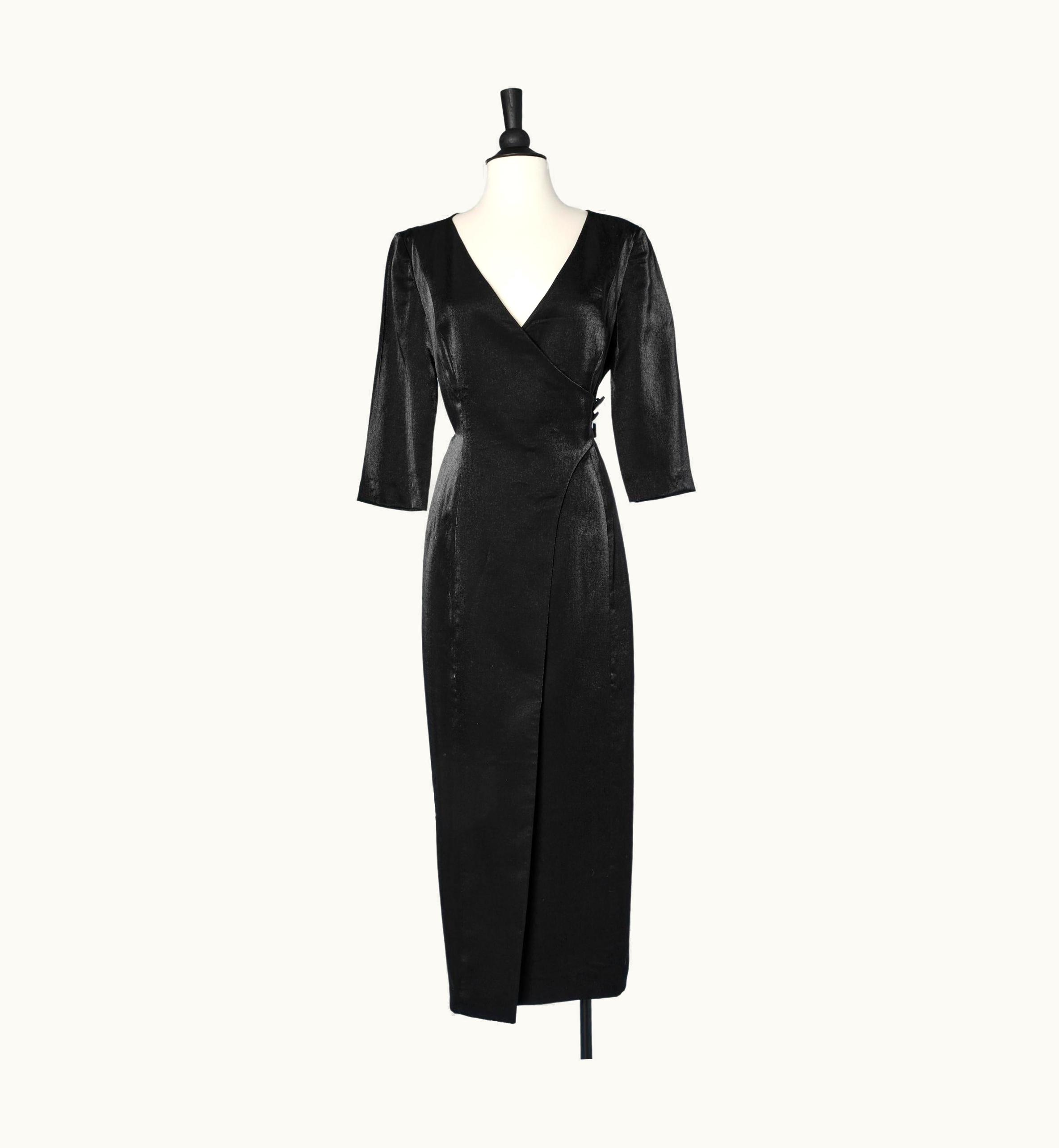 Paco Rabanne Wrapped Cocktail Dress In Black Shiny Rayon And Side Buttons Paco Rabanne
