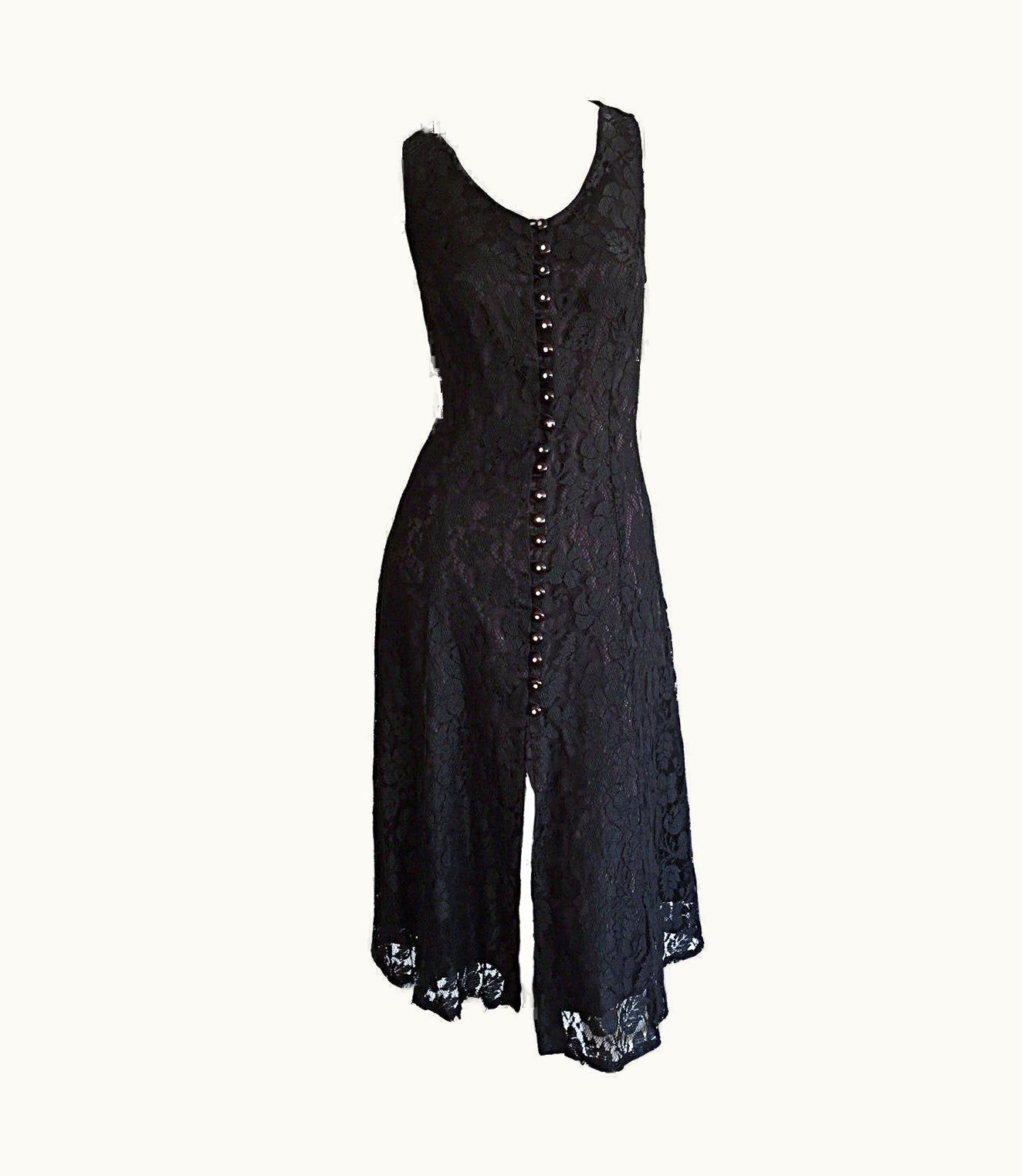 Paco Rabanne Paco Rabbane 1990s Black Lace Babydoll DresswS/S Rhinestone Buttons