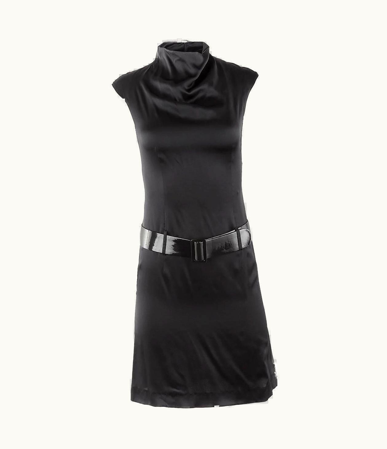Paco Rabanne 1980' Paco Rabanne Black Silk Mock Neck Belted Mini Dress