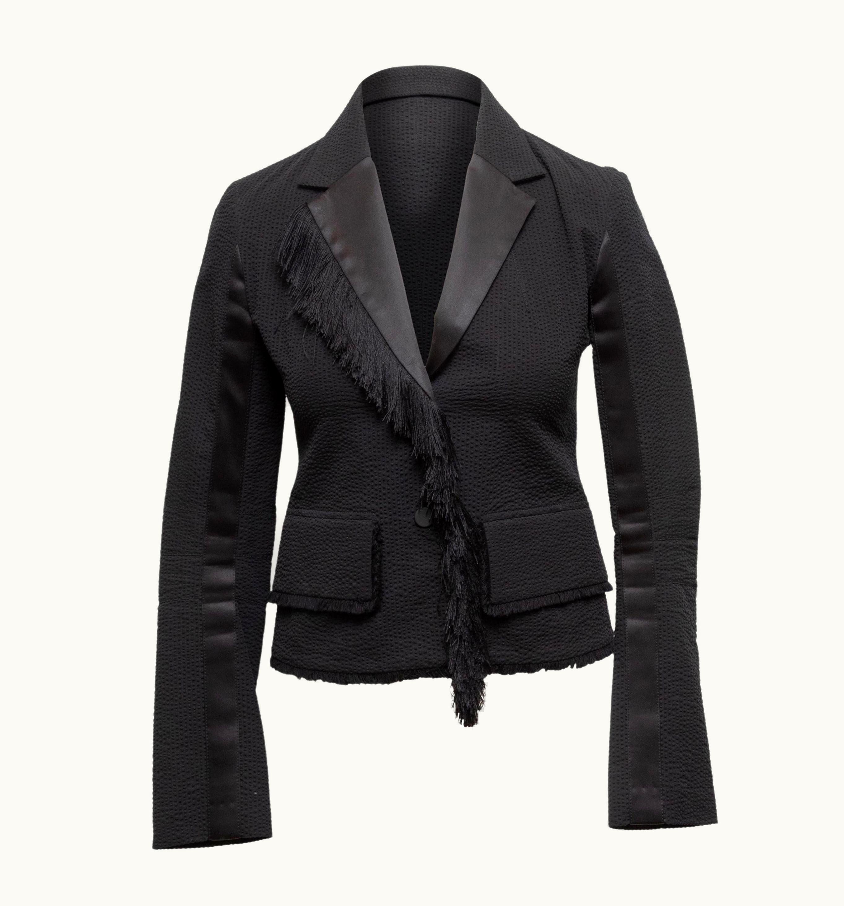 Paco Rabanne Paco Rabanne Black Seersucker Fringe-Trimmed Blazer