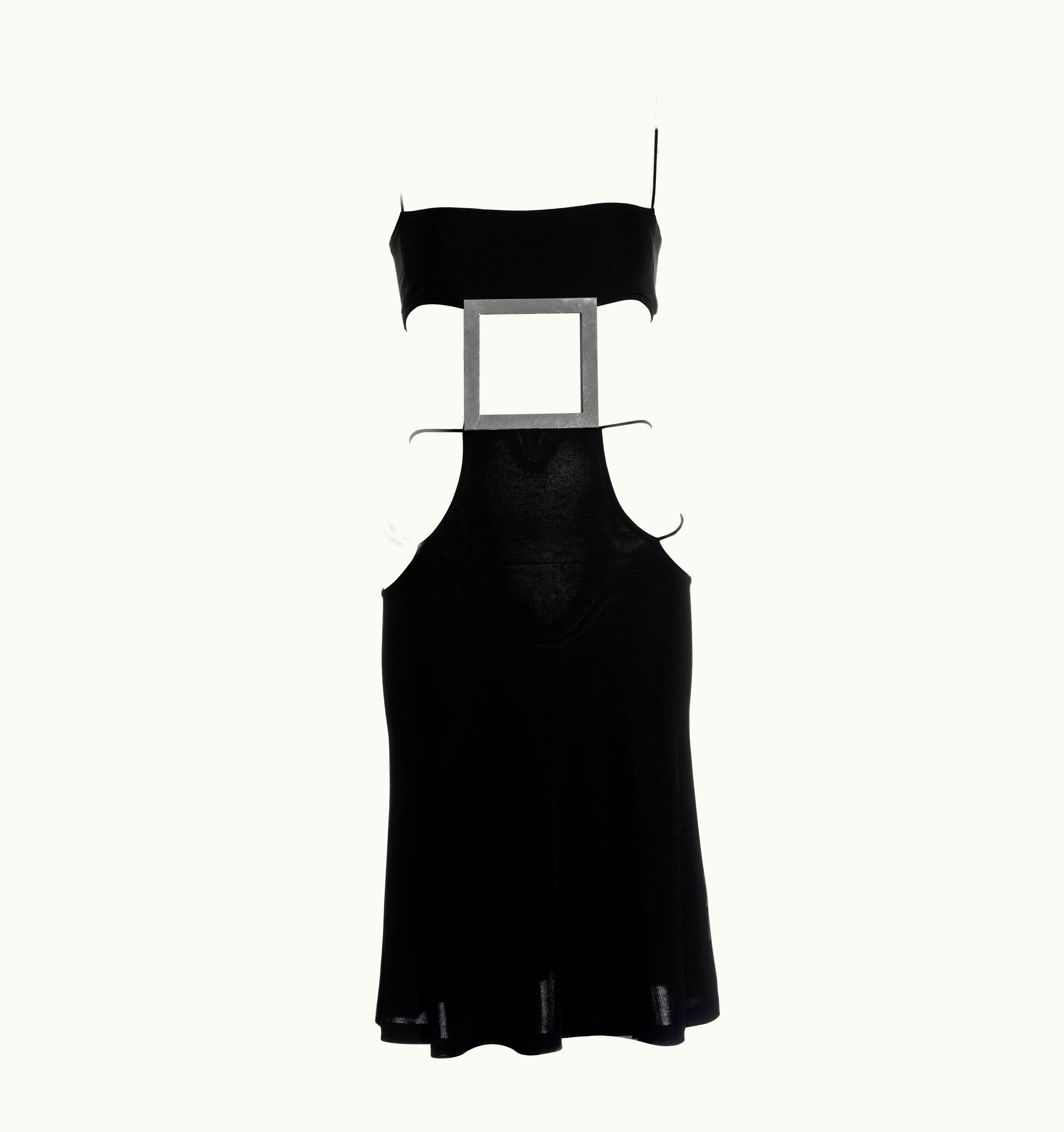 Paco Rabanne Black Rayon Strappy Evening Dress With Square Mirror Plate, S/S 2004