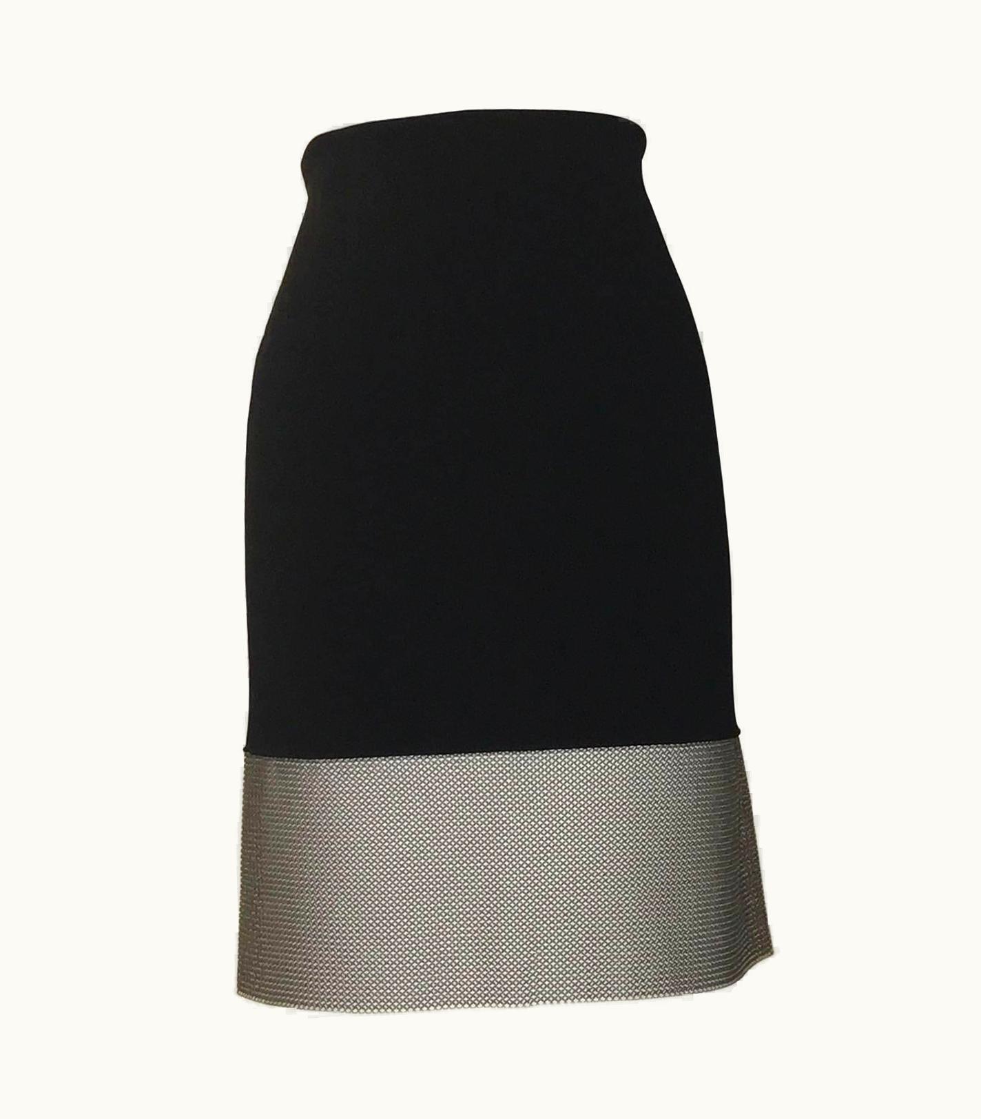 Paco Rabanne Black Knit Bodycon Pencil Skirt With Silver Mesh Chainmail Trim