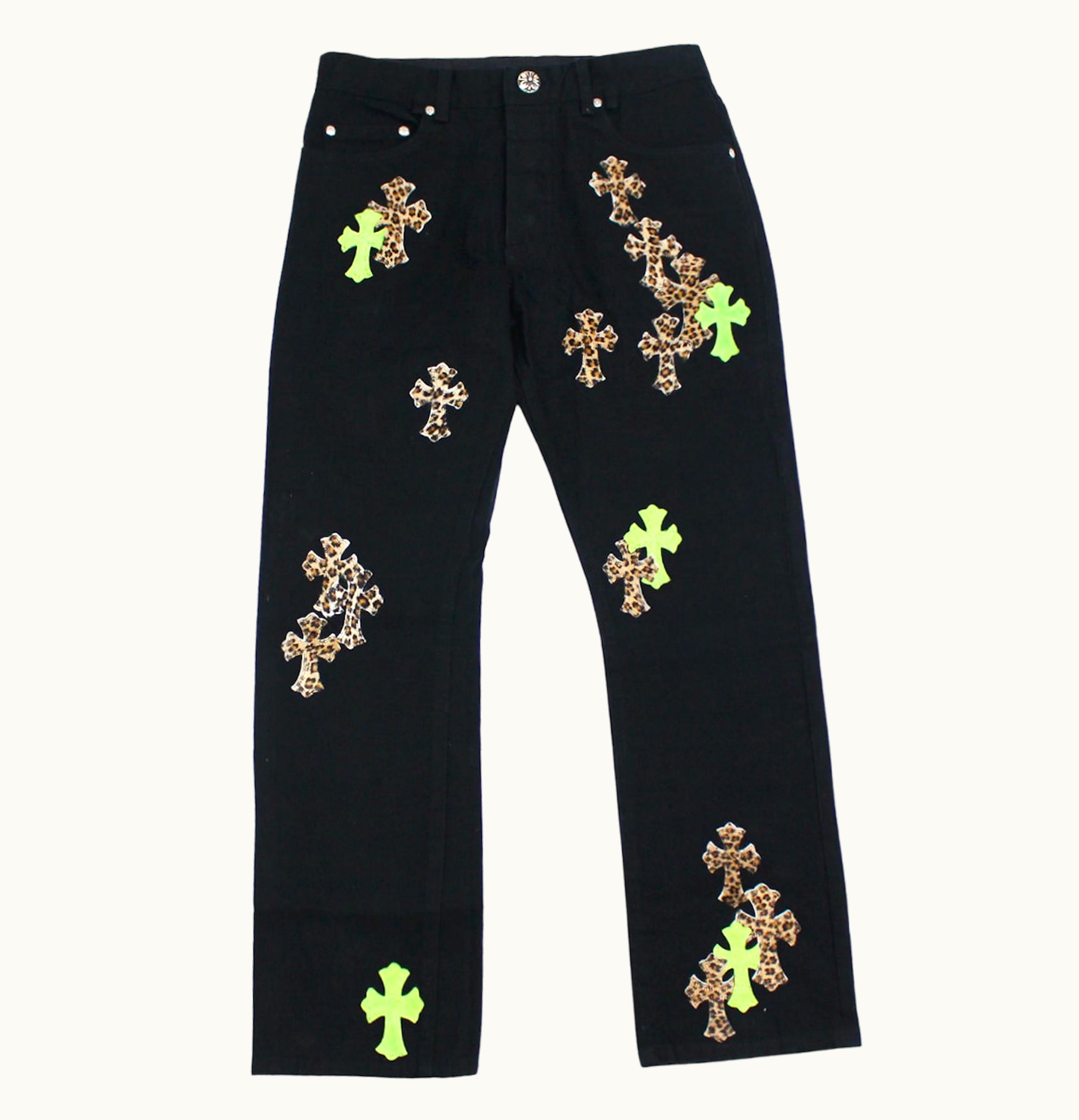 Chrome Hearts Chrome Hearts Green Leopard Cross Patch Jeans Black