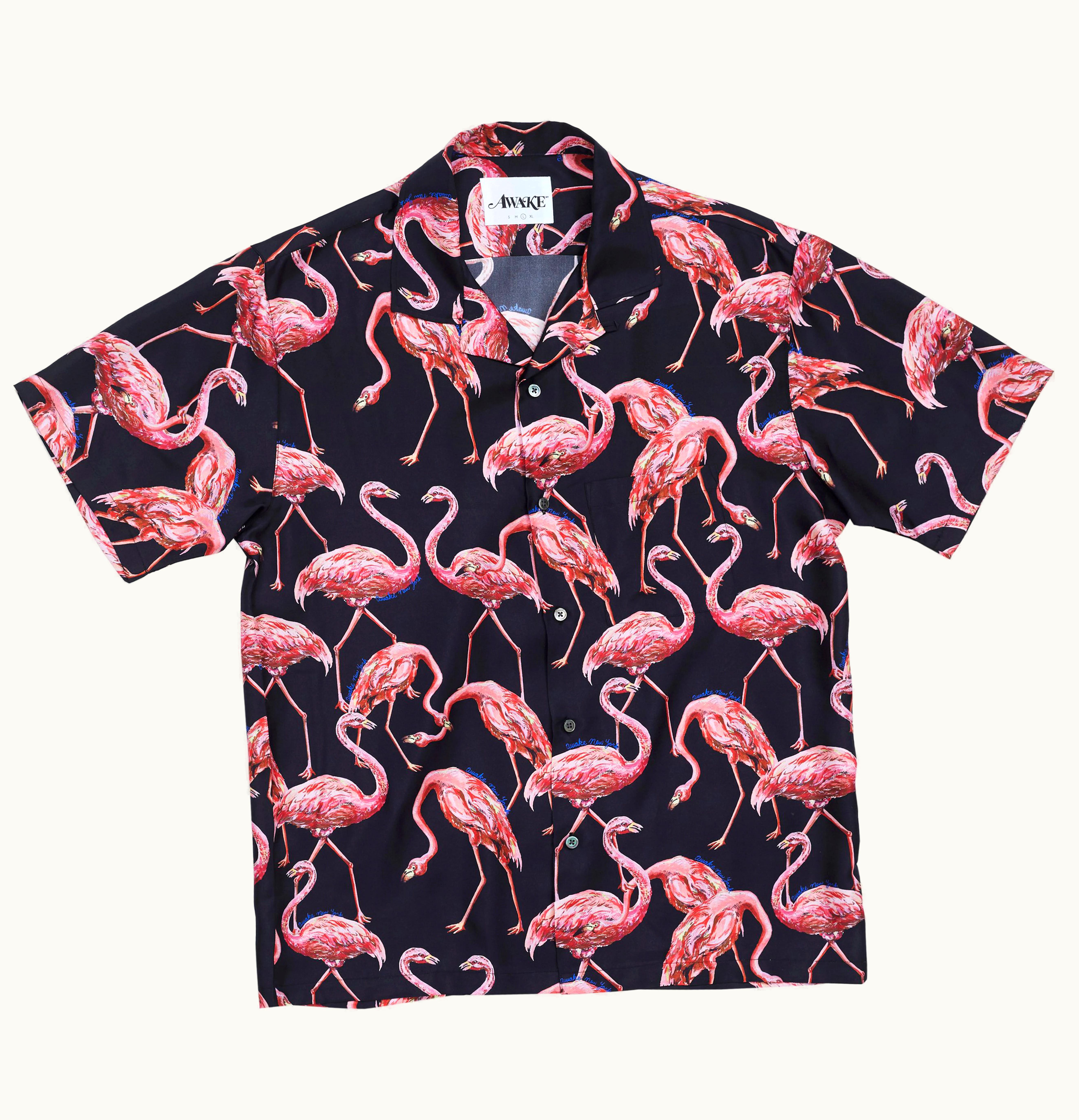 Awake Awake Silk Flamingo Print Camp Shirt Black