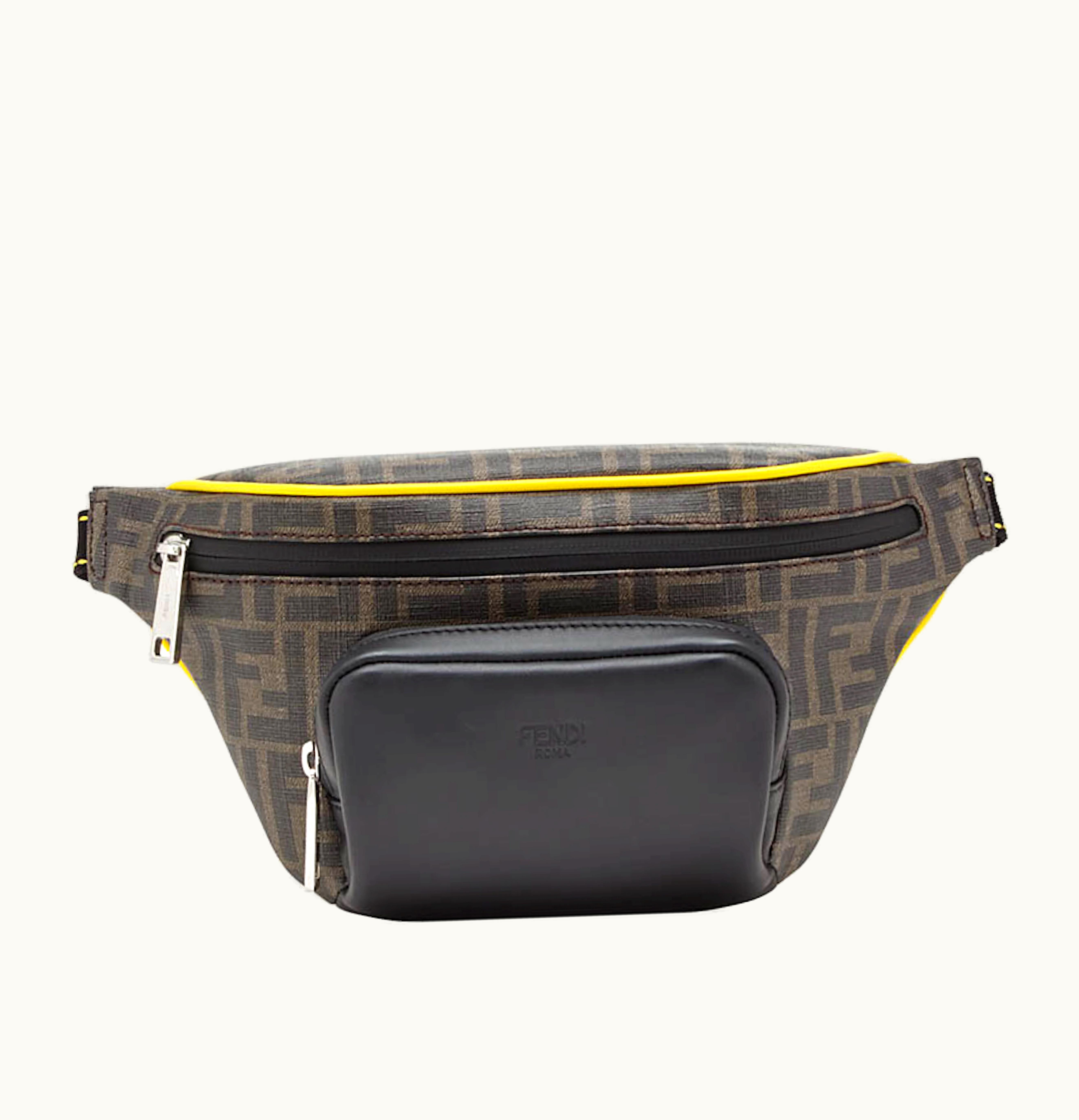Fendi Fendi Belt Bag FF Fabric Yellow Piping Brown Black