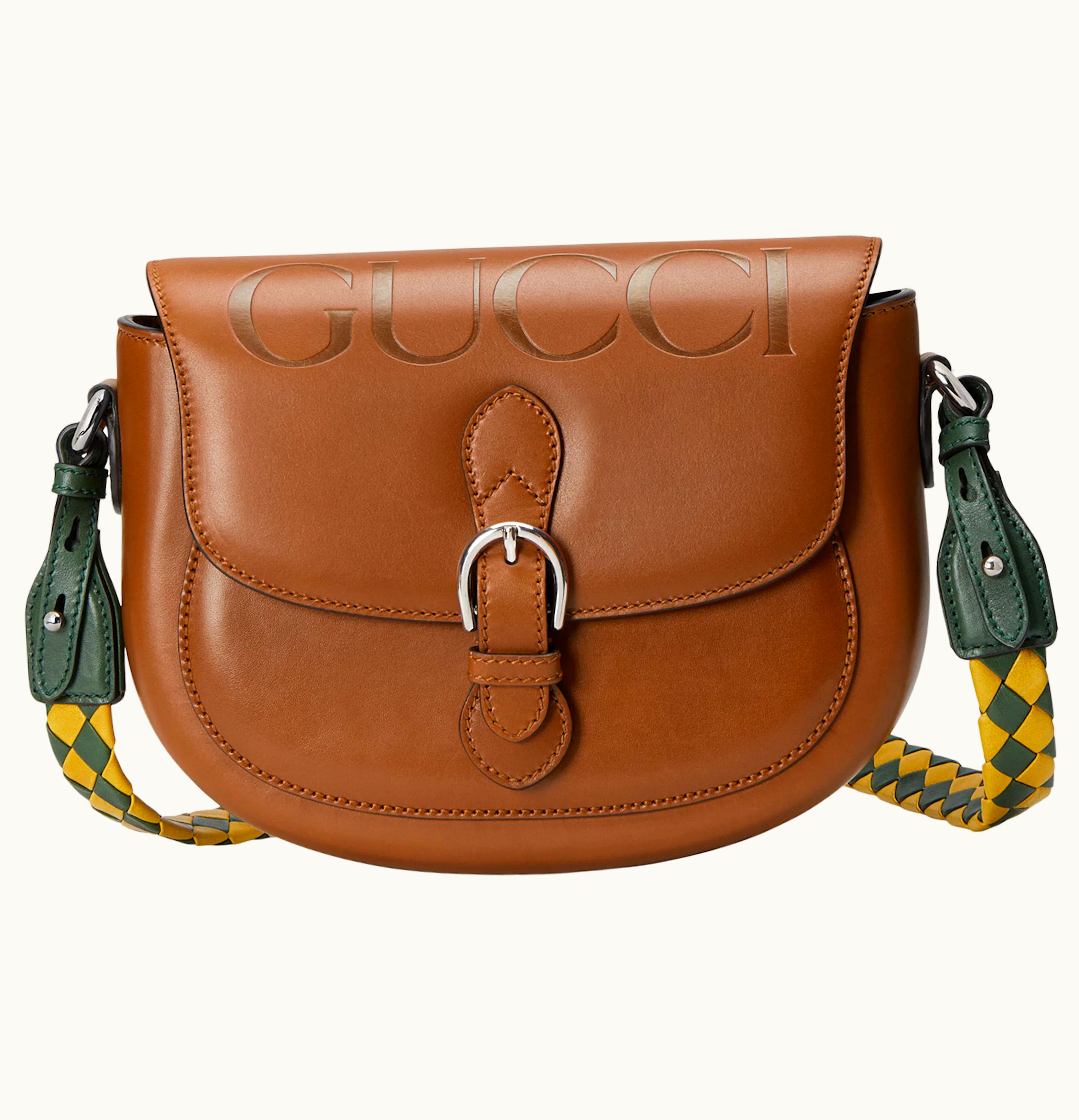 Gucci Gucci Shoulder Bag Small Embossed Gucci Logo Brown Green Yellow