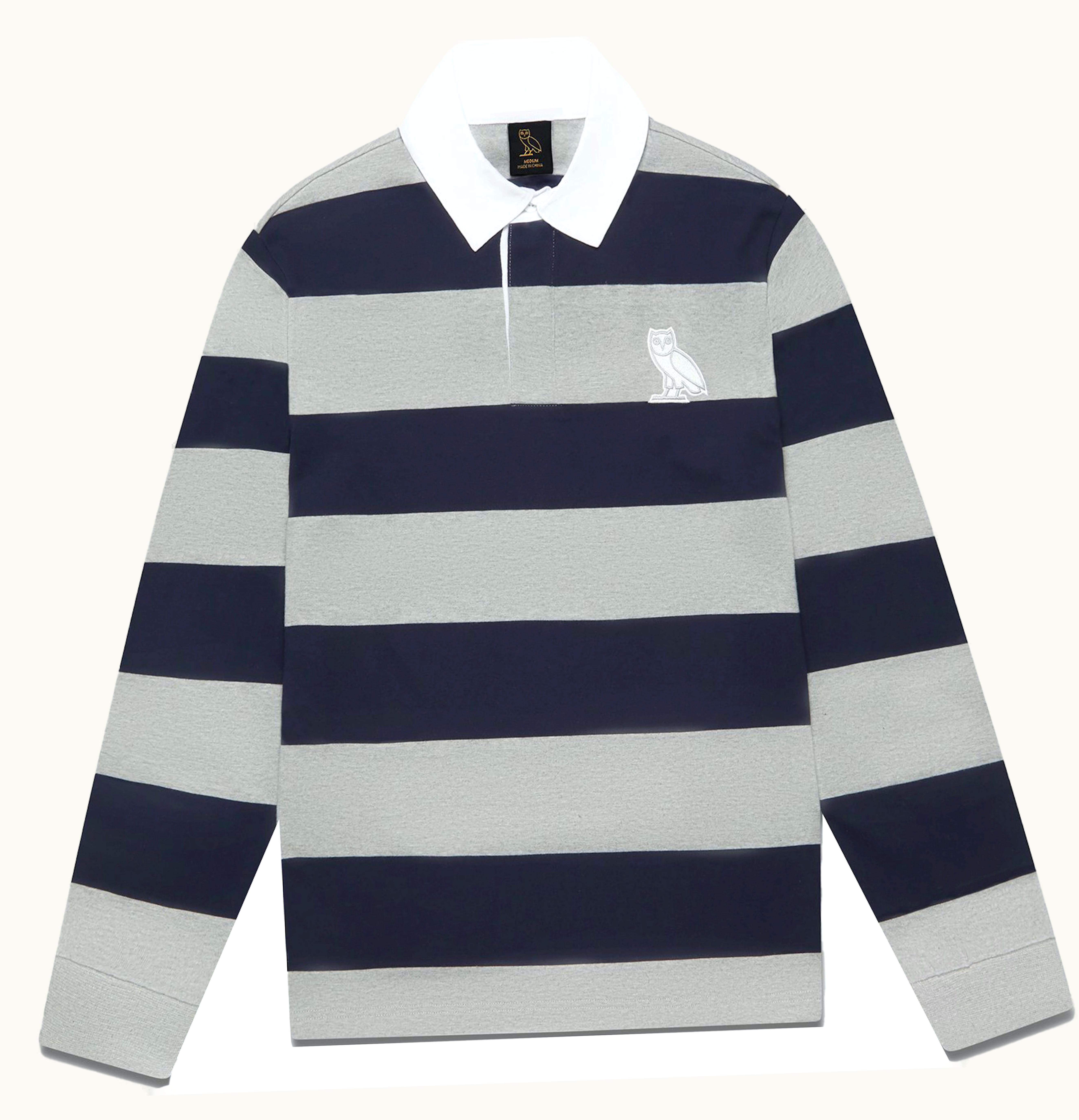 OVO OVO Striped Rugby Polo Heather Grey Navy