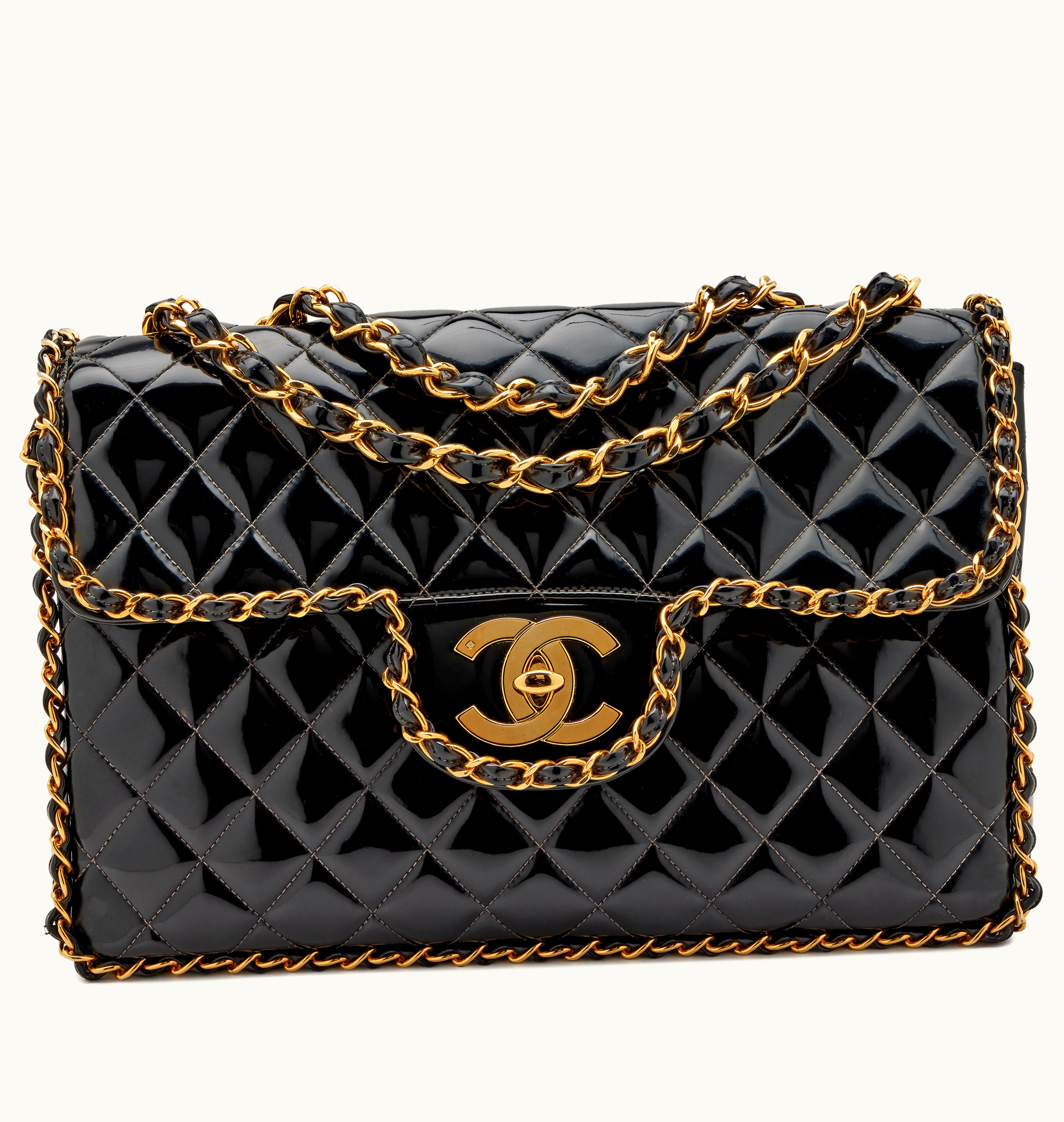 Chanel Chanel Classic Chain Around Single Flap Handbag: Quilted Black Patent Leather with Gold Hardware, Vintage 1994-1996