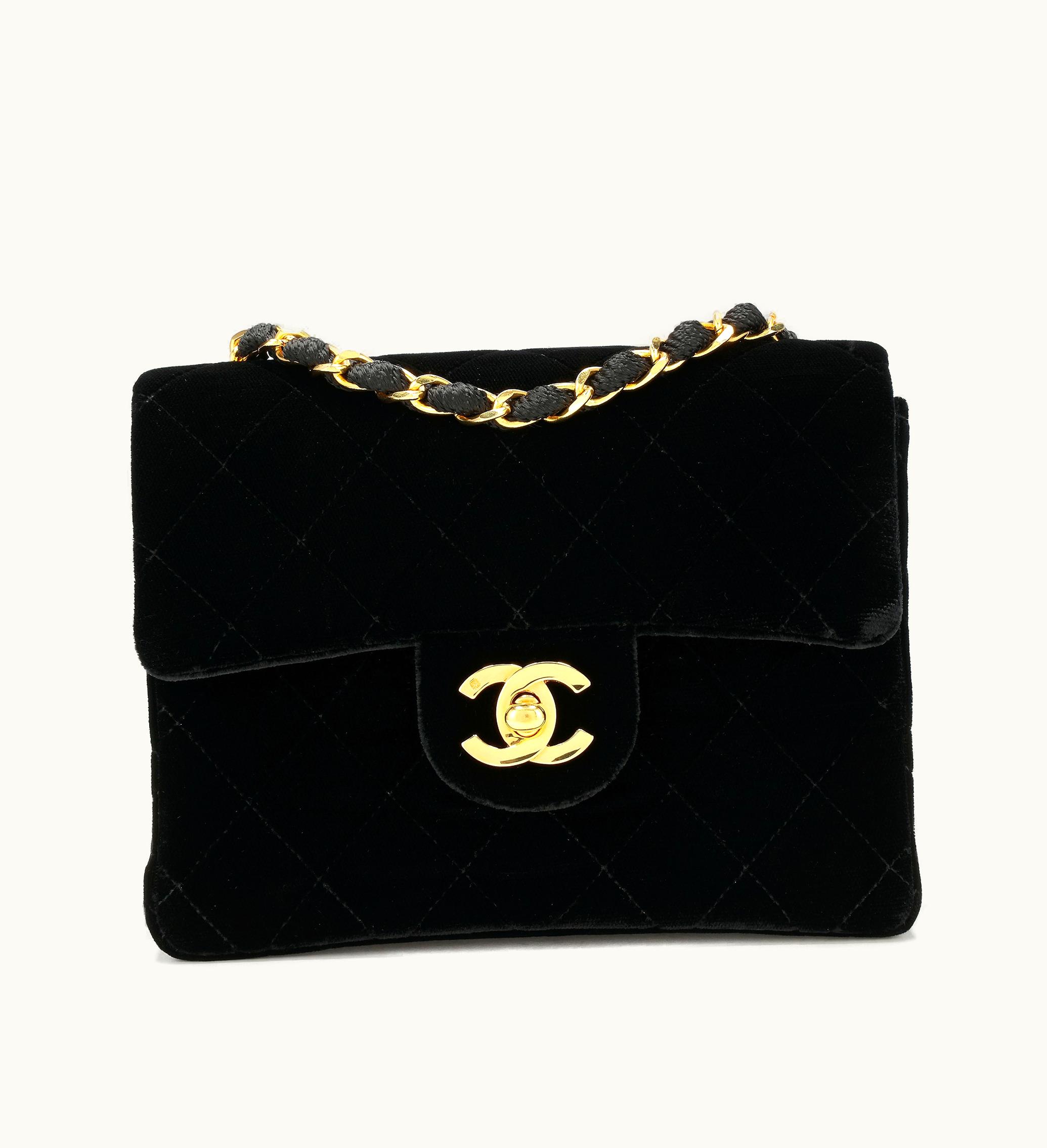 Chanel Chanel Mini Square Classic Single Flap in Black Quilted Velvet with Gold Hardware, manufactured between the years 1989 and 1991