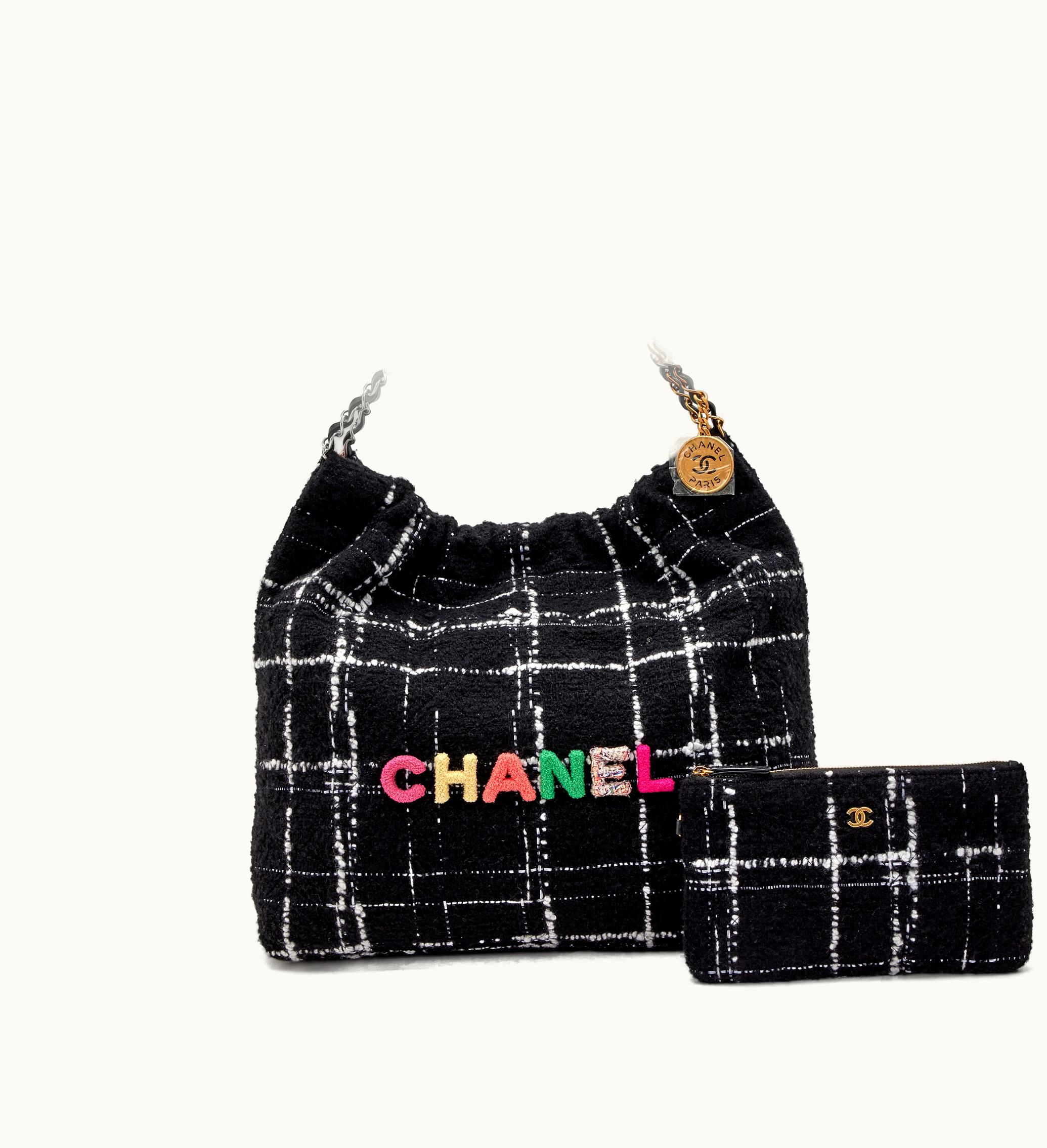 Chanel Chanel 22 Tote in Tweed with Black, White, and Rainbow Color Scheme and Aged Gold Hardware