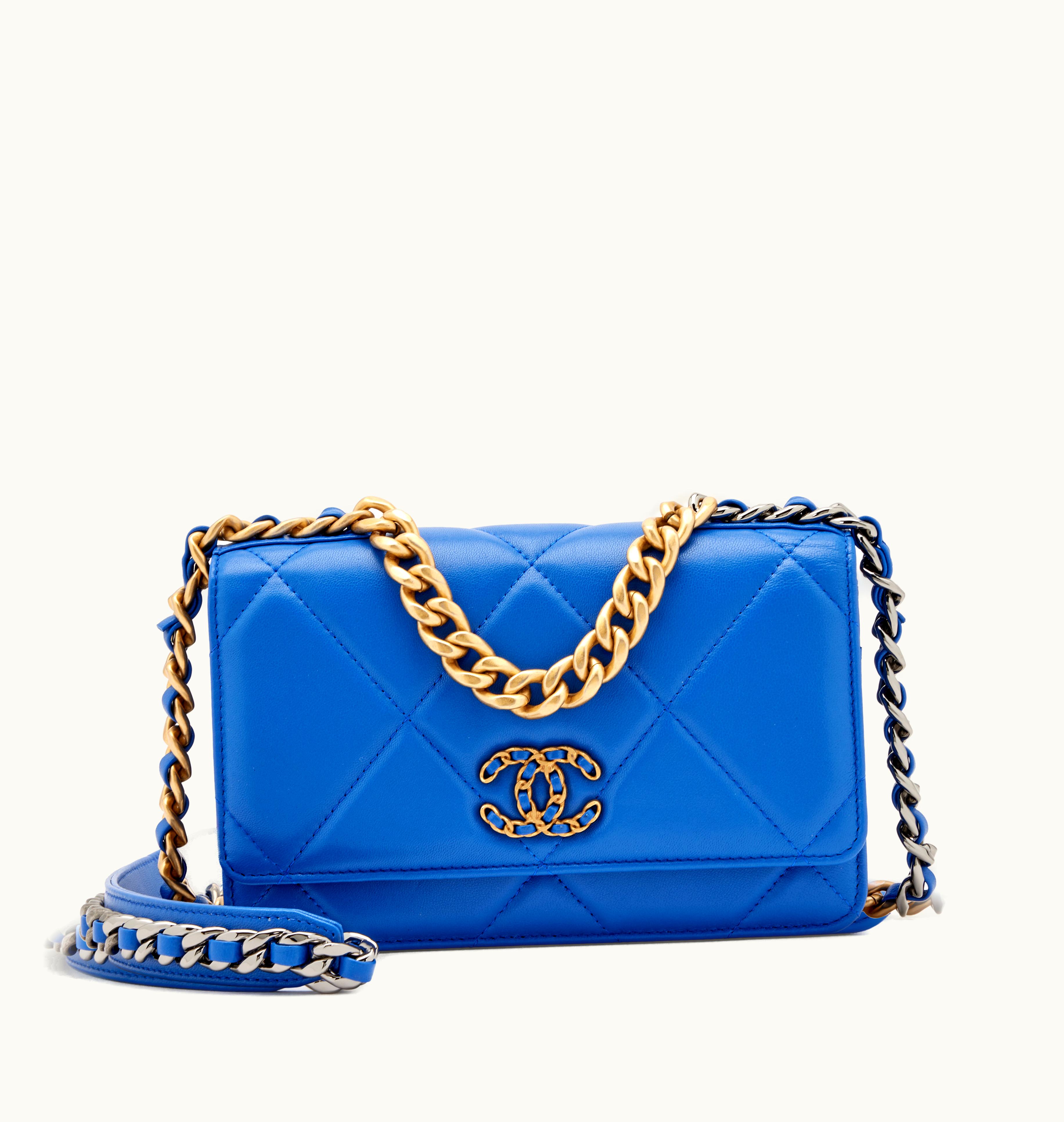 Chanel Chanel 2022 Chanel Quilted Blue Lambskin Wallet on Chain featuring Gold and Ruthenium Hardware