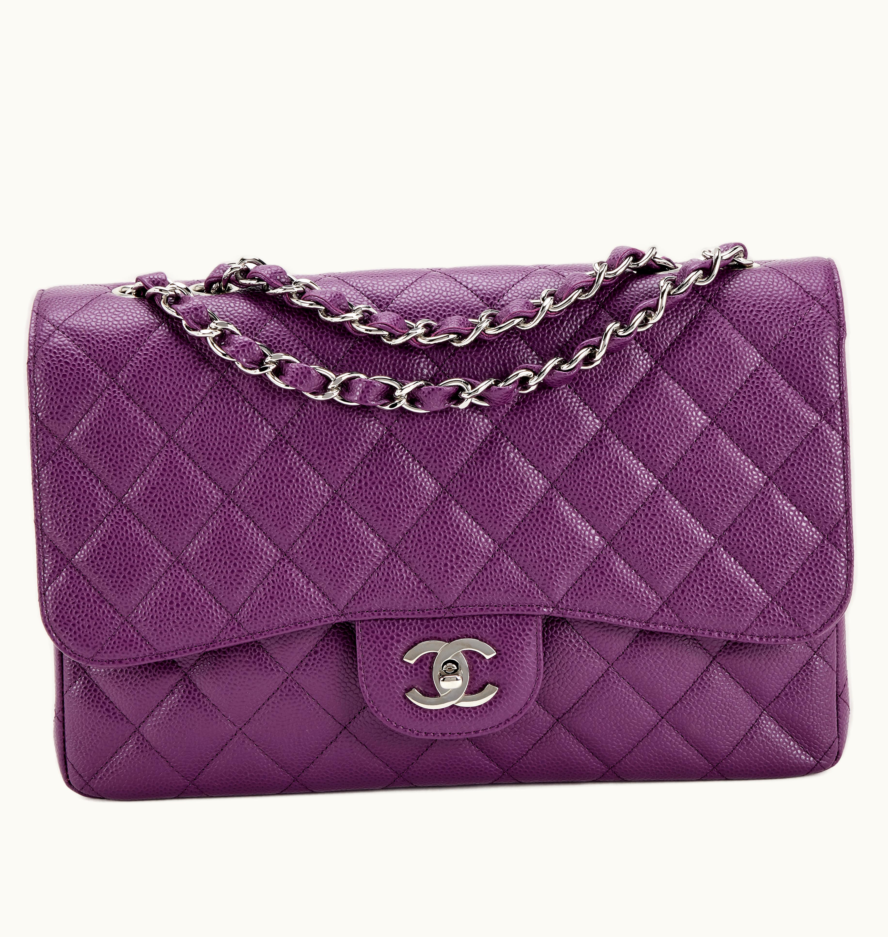 Chanel Chanel 2005-2006 Chanel Jumbo Single Flap Purse with Silver Hardware in Quilted Caviar Leather in a Stunning Purple Shade