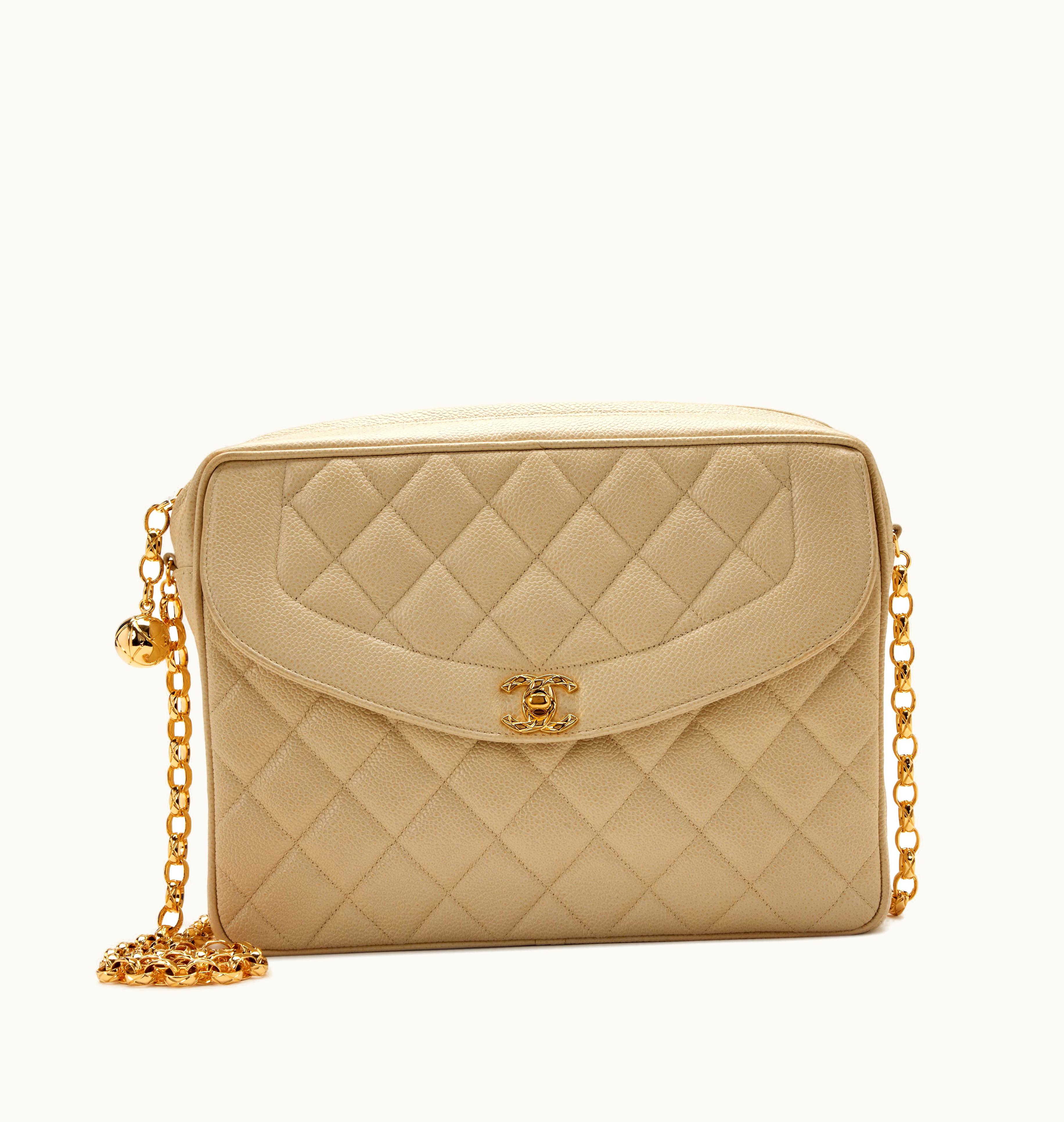 Chanel Chanel Light Beige Quilted Caviar Front Pocket Bijoux Chain Large Camera Bag Gold Hardware, 1991-1994