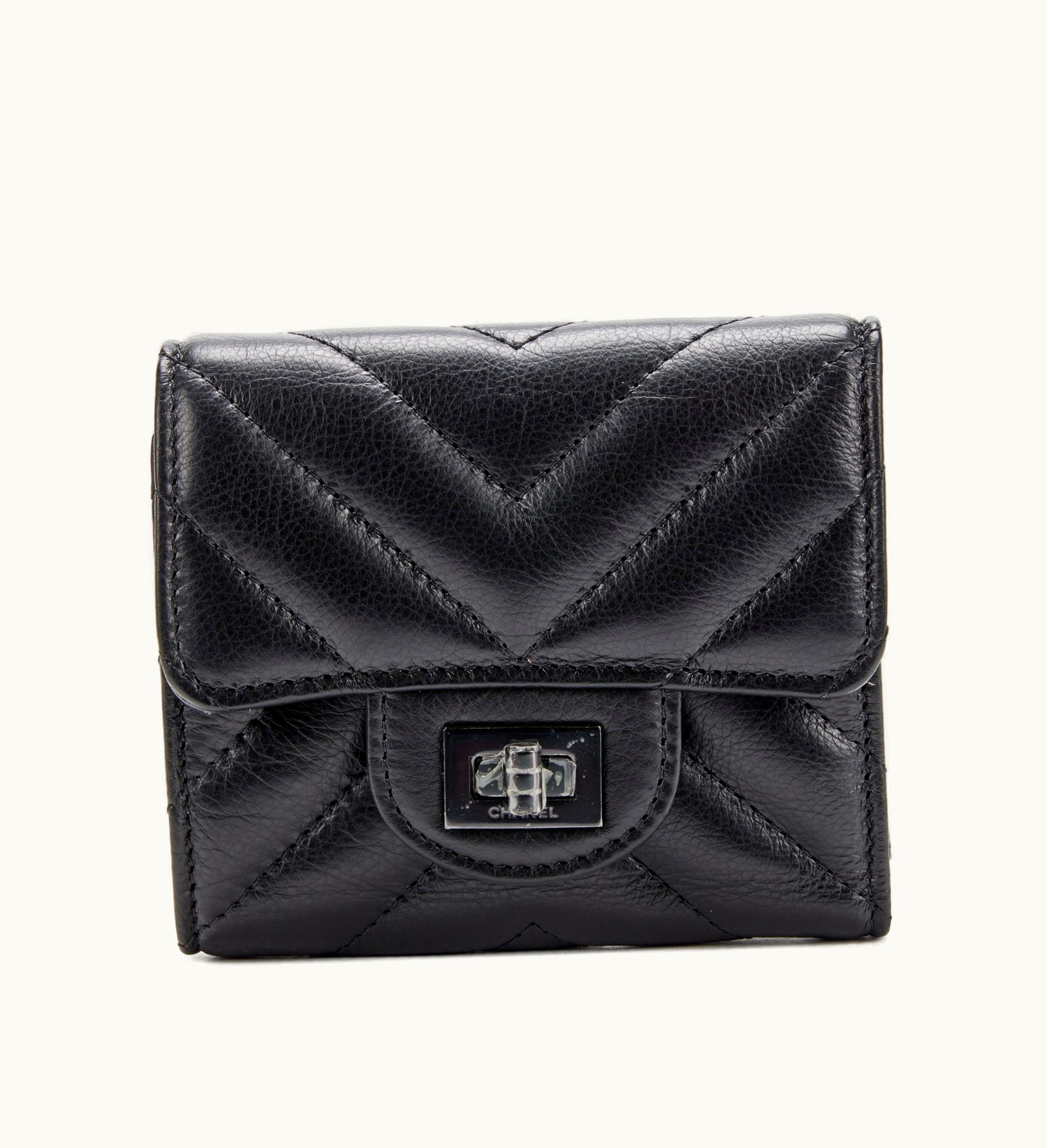 Chanel Chanel 2017 Chanel So Black Aged Calfskin Chevron Quilted Reissue Small Wallet with Black Hardware