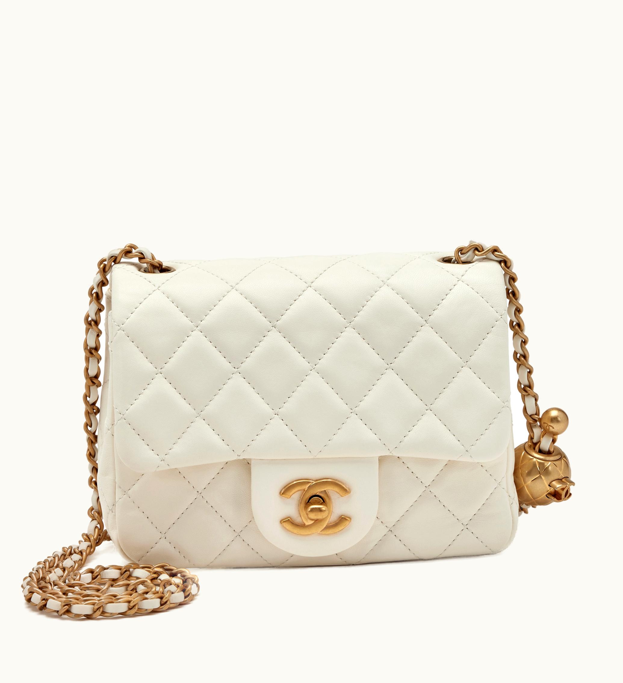 Chanel Chanel Champagne White Quilted Lambskin Mini Square Pearl Crush Flap Brushed Gold Hardware, 2022