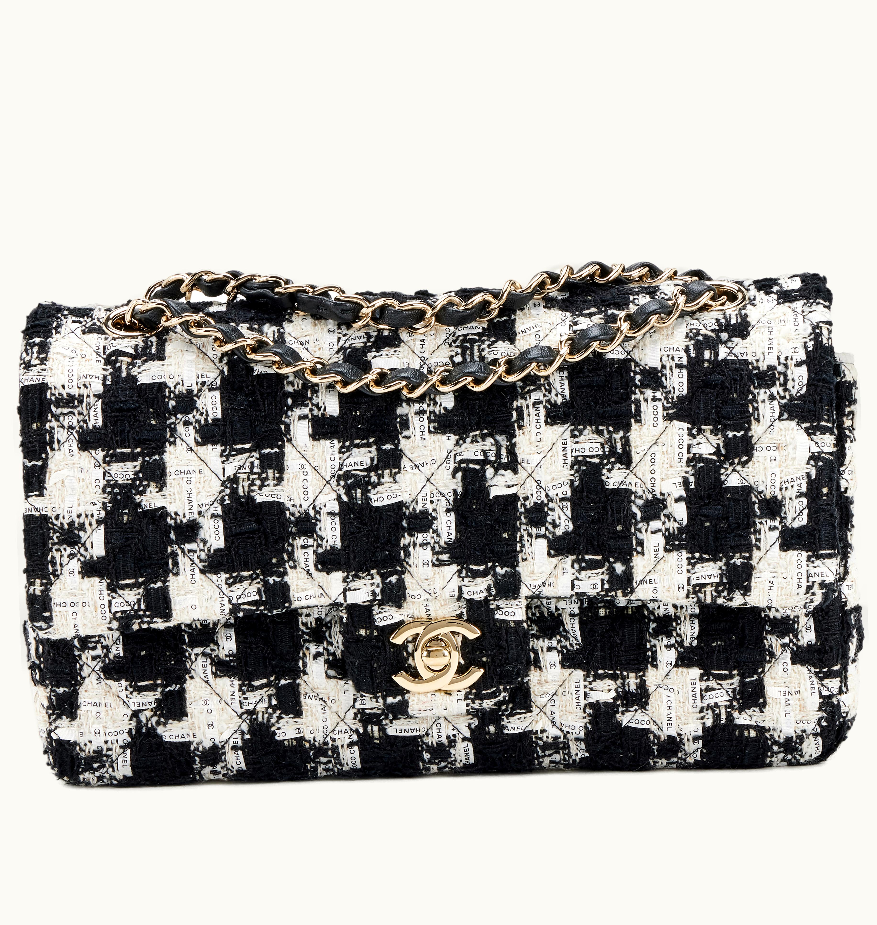 Chanel Chanel Medium Double Flap 2020 Chanel Black, Ecru, and White Quilted Houndstooth Tweed with Light Gold Hardware