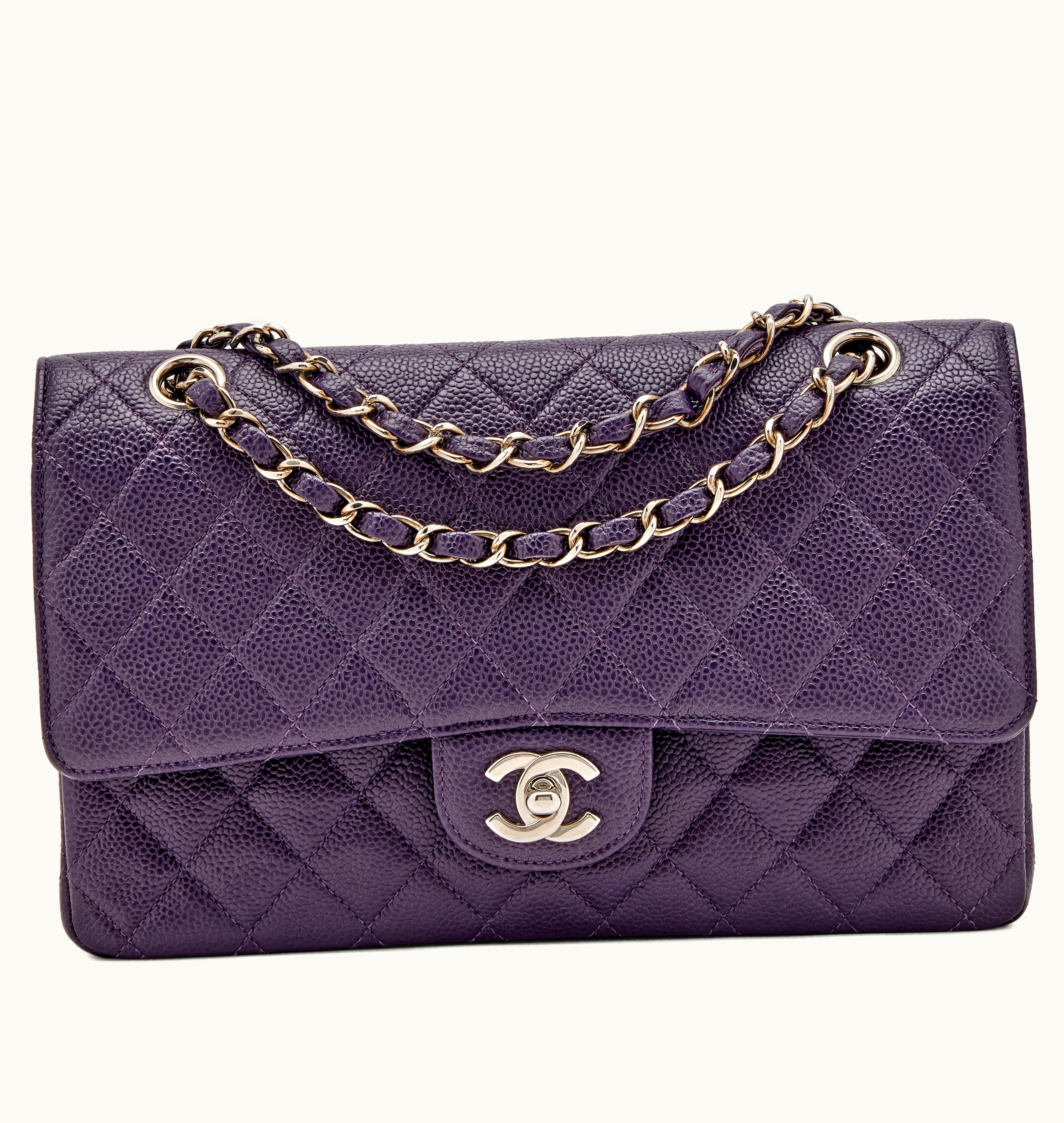 Chanel Chanel Quilted Caviar Classic Medium Double Flap Bag with Purple Tone, Silver Accents, and Vintage Years 2000-2002