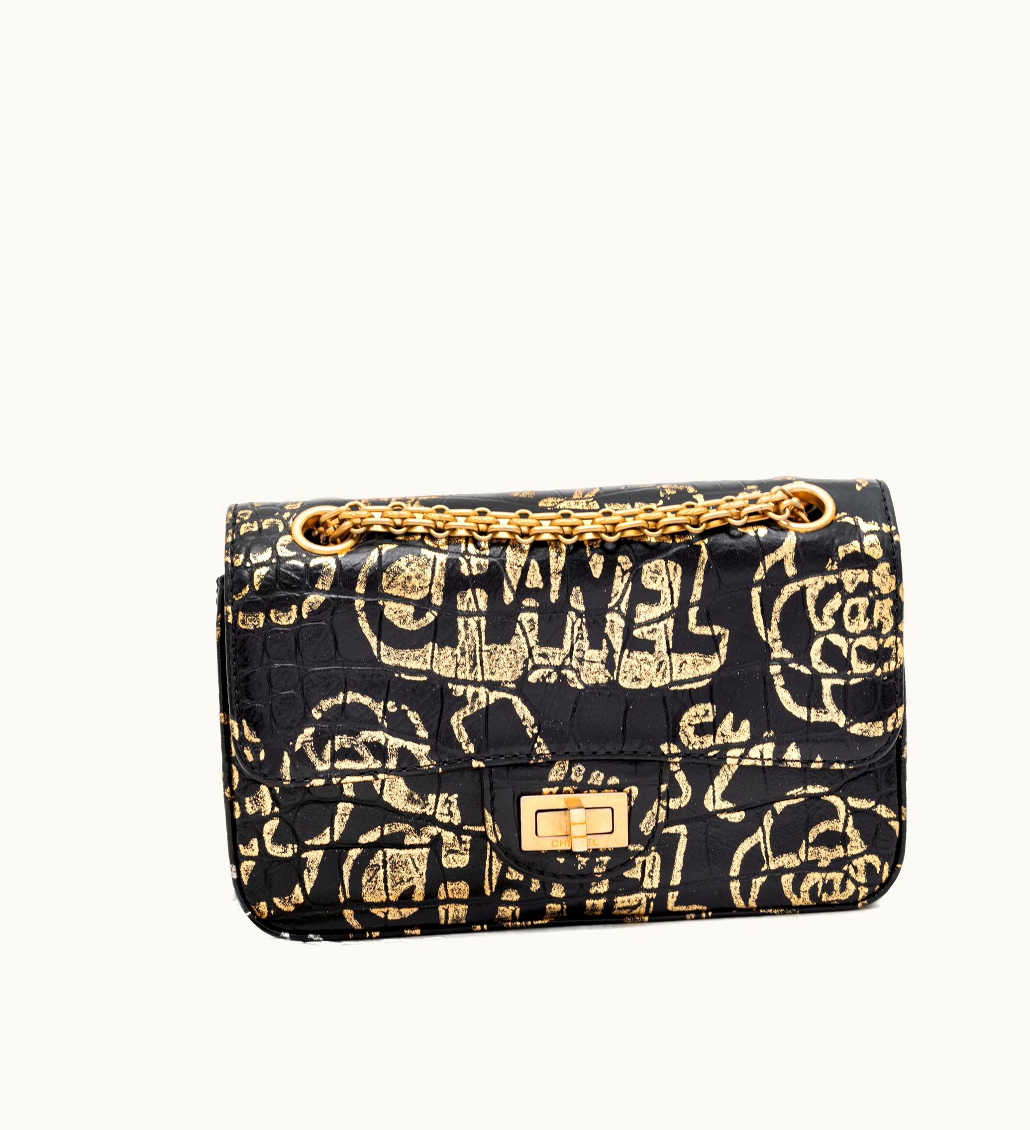 Chanel Chanel Flap Bag 224 Reissue in Black and Gold Graffiti Crocodile Embossed Calfskin with Gold Hardware, 2019