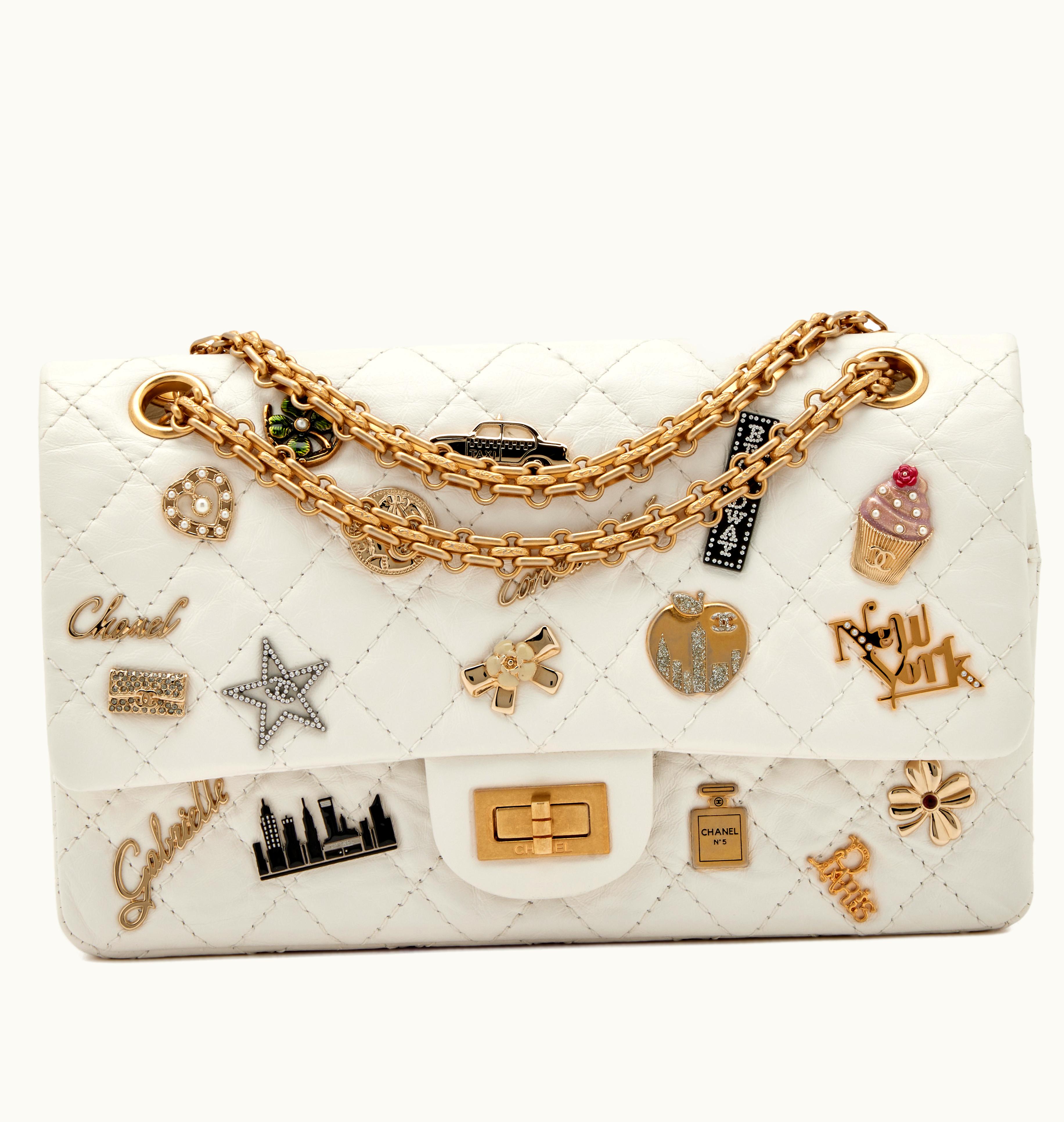 Chanel Chanel White Quilted Aged Calfskin 57th Street Special Edition New York Lucky Charms 225 Reissue Double Flap Antique Gold Hardware, 2018