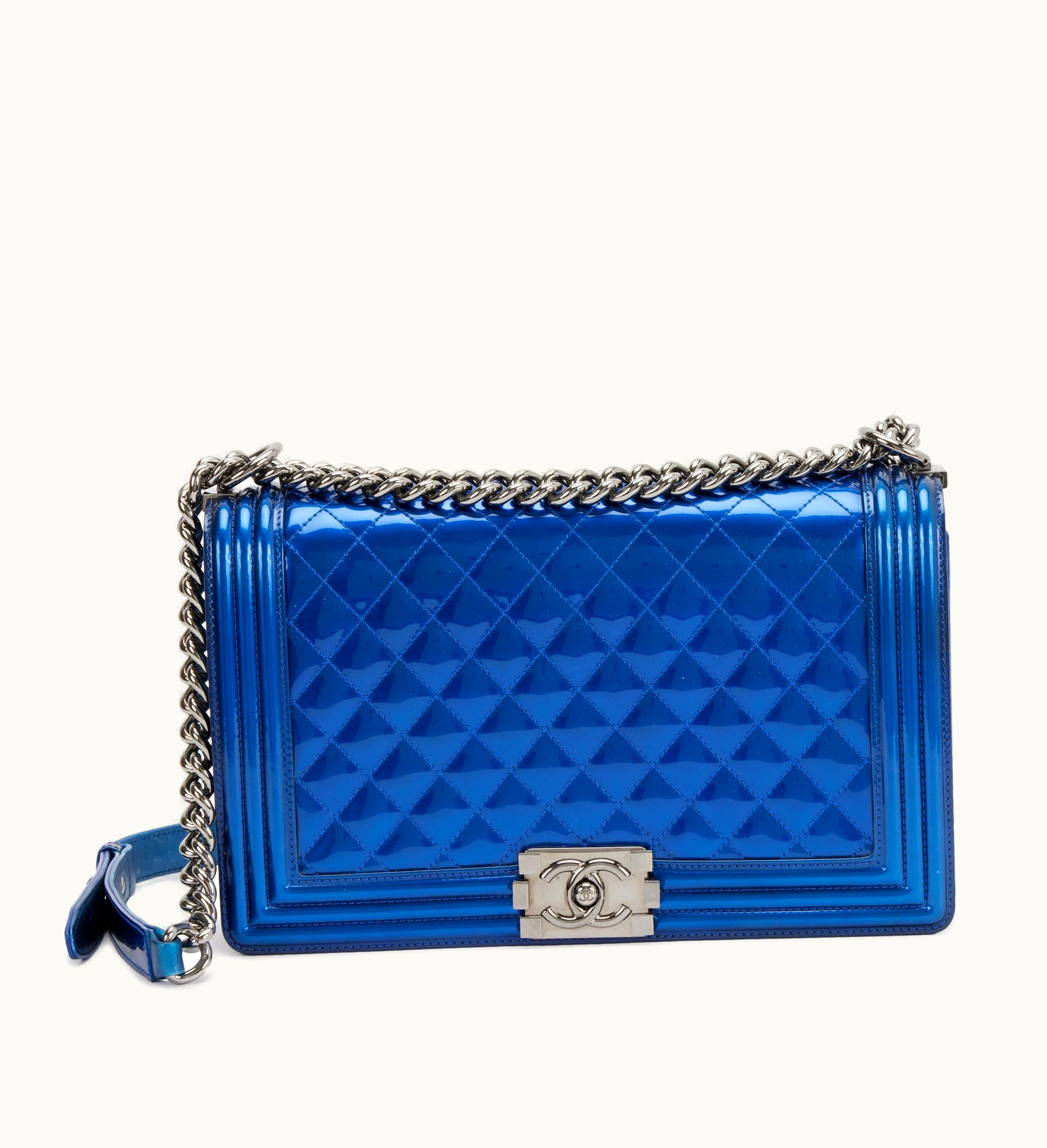 Chanel Chanel 2014 New Medium Boy Bag Silver Hardware, Chanel Metallic Blue Quilted Patent Leather