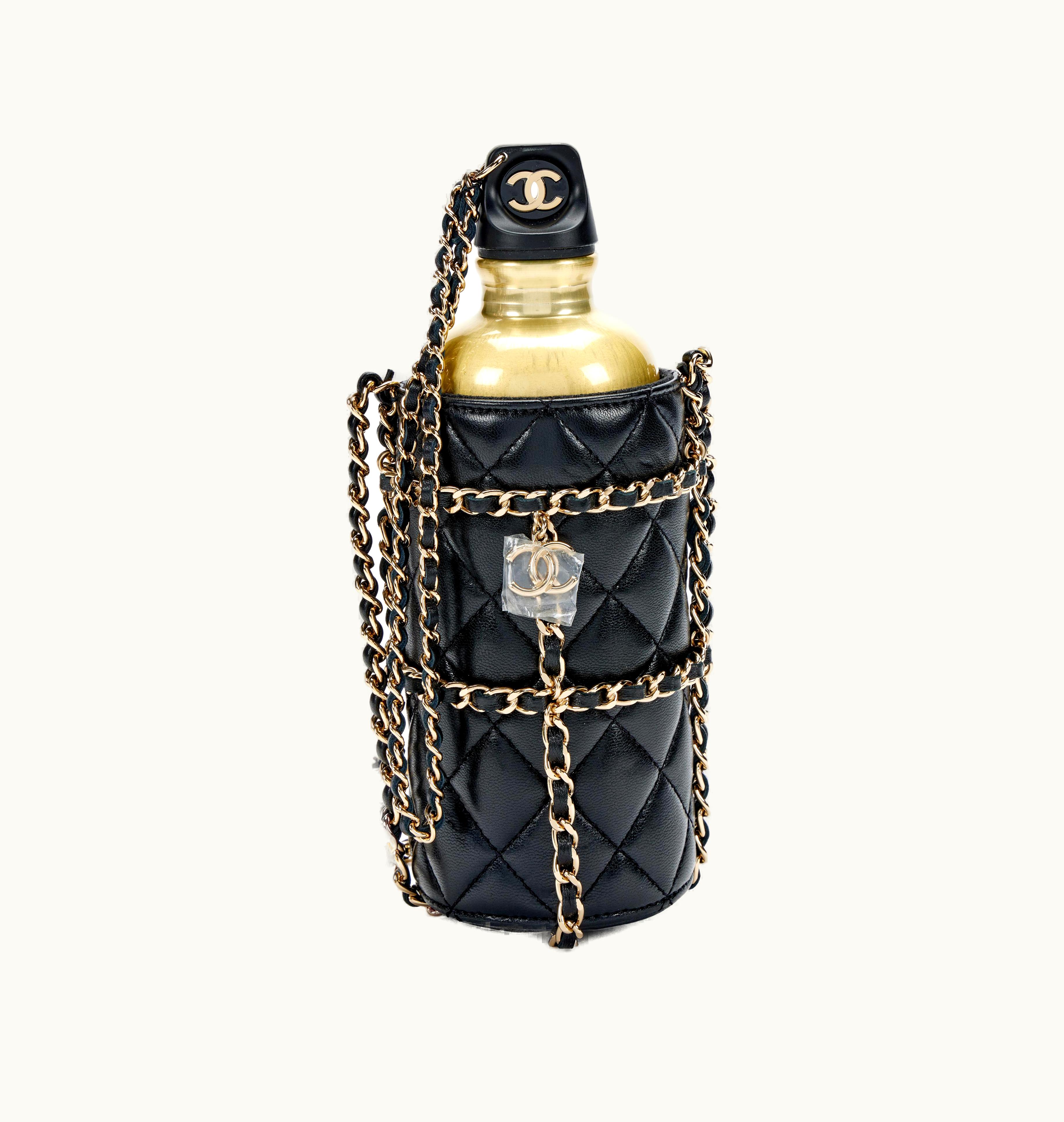 Chanel Chanel 2020 Chanel Lambskin CC Quilted Black Water Bottle with Gold Hardware