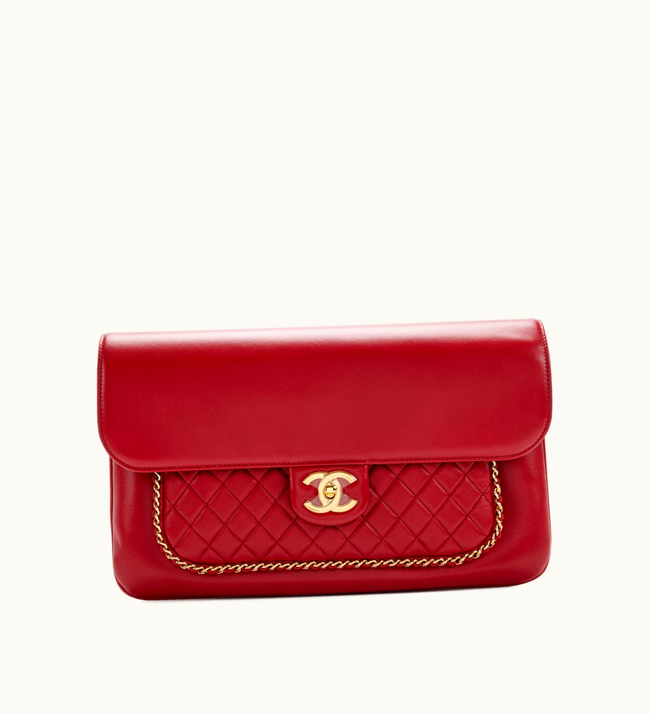 Chanel Chanel 2017 Genuine Chanel Quilted Lambskin CC Unchained Clutch with Gold Hardware in Red