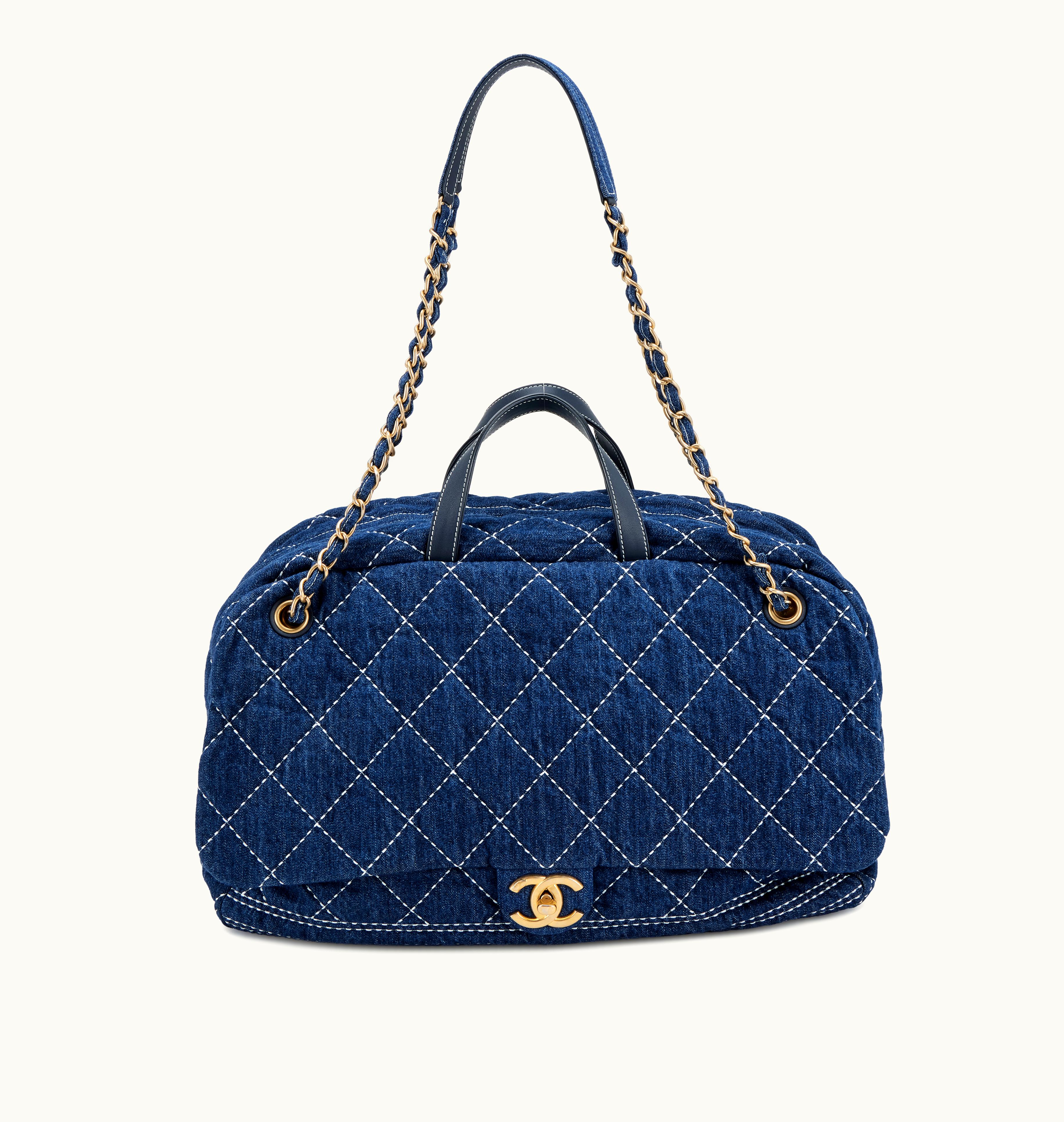 Chanel Chanel Indigo Quilted Jean Voyageur Deluxe Bowling Bag Golden Accents, 2020