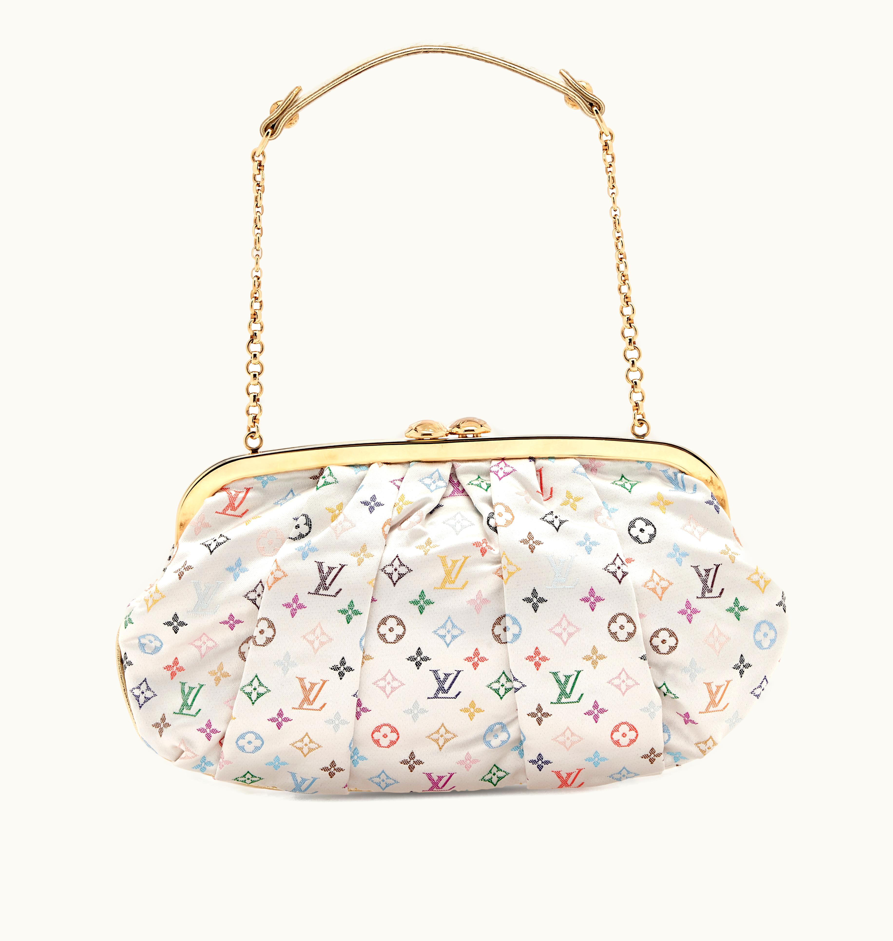 Louis Vuitton Louis Vuitton 2006 Louis Vuitton White Multicolor Aumoniere Clutch crafted from luxurious satin material with the iconic monogram design