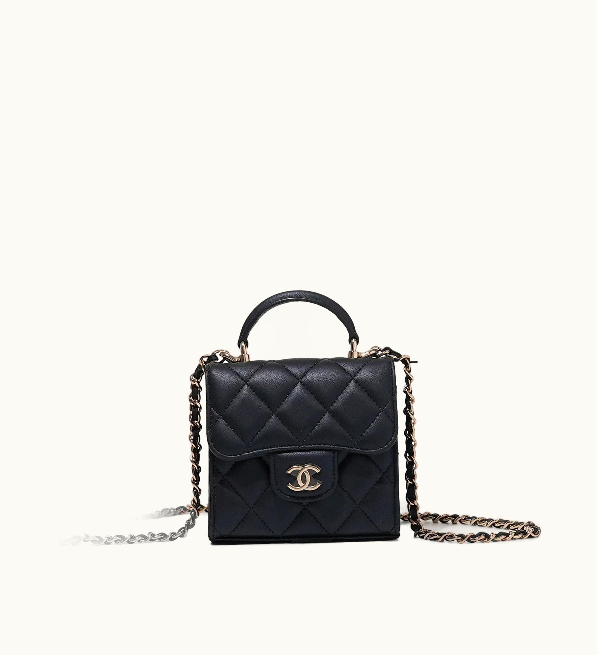 Chanel Chanel Quilted Lambskin Top Handle Clutch in Navy Color with Pale Gold Chain Hardware, Release Year 2022