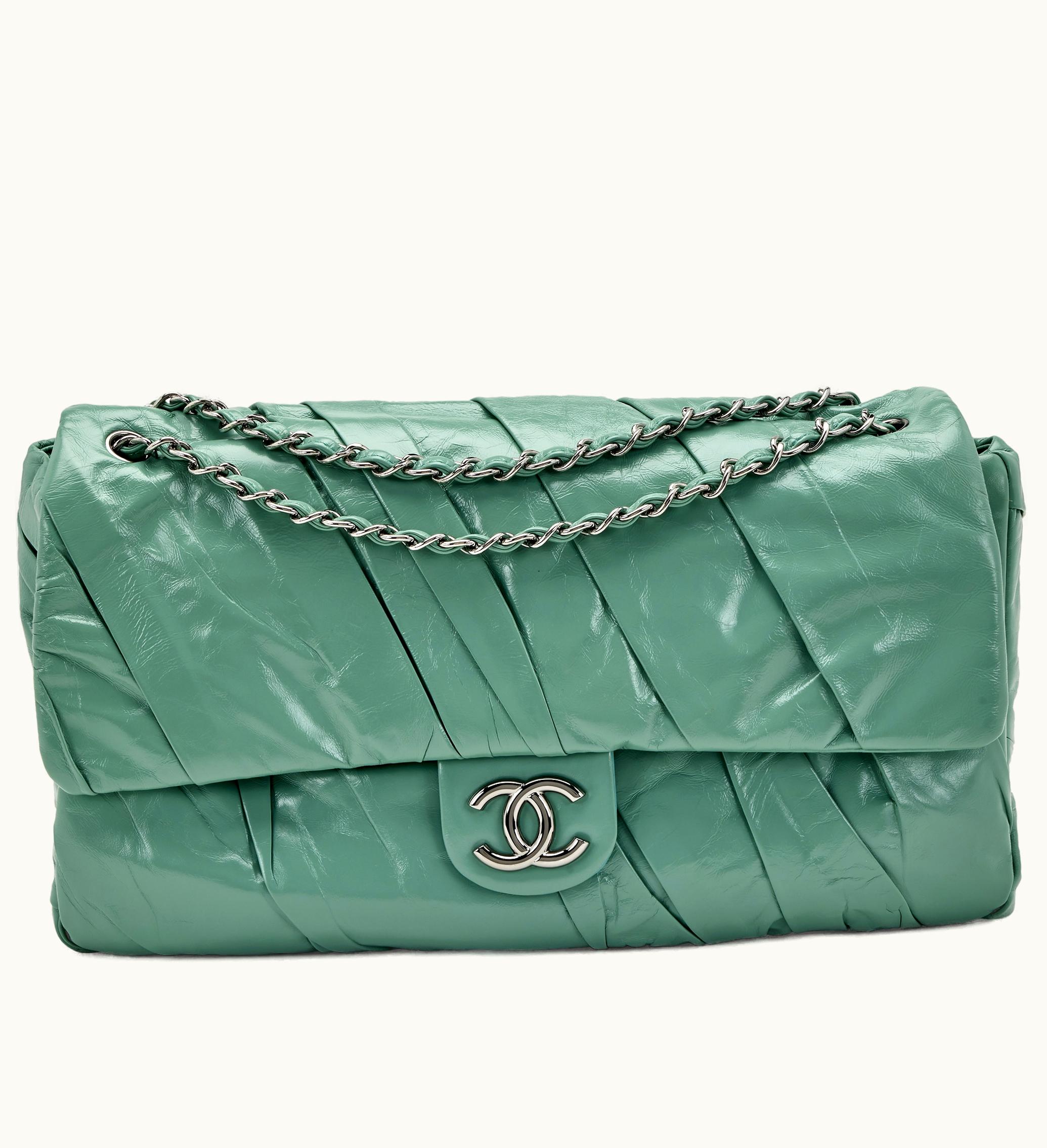 Chanel Chanel Teal Glazed Calfskin Leather Chanel Maxi Jumbo Twisted XL Flap with Silver Hardware, Vintage 2009