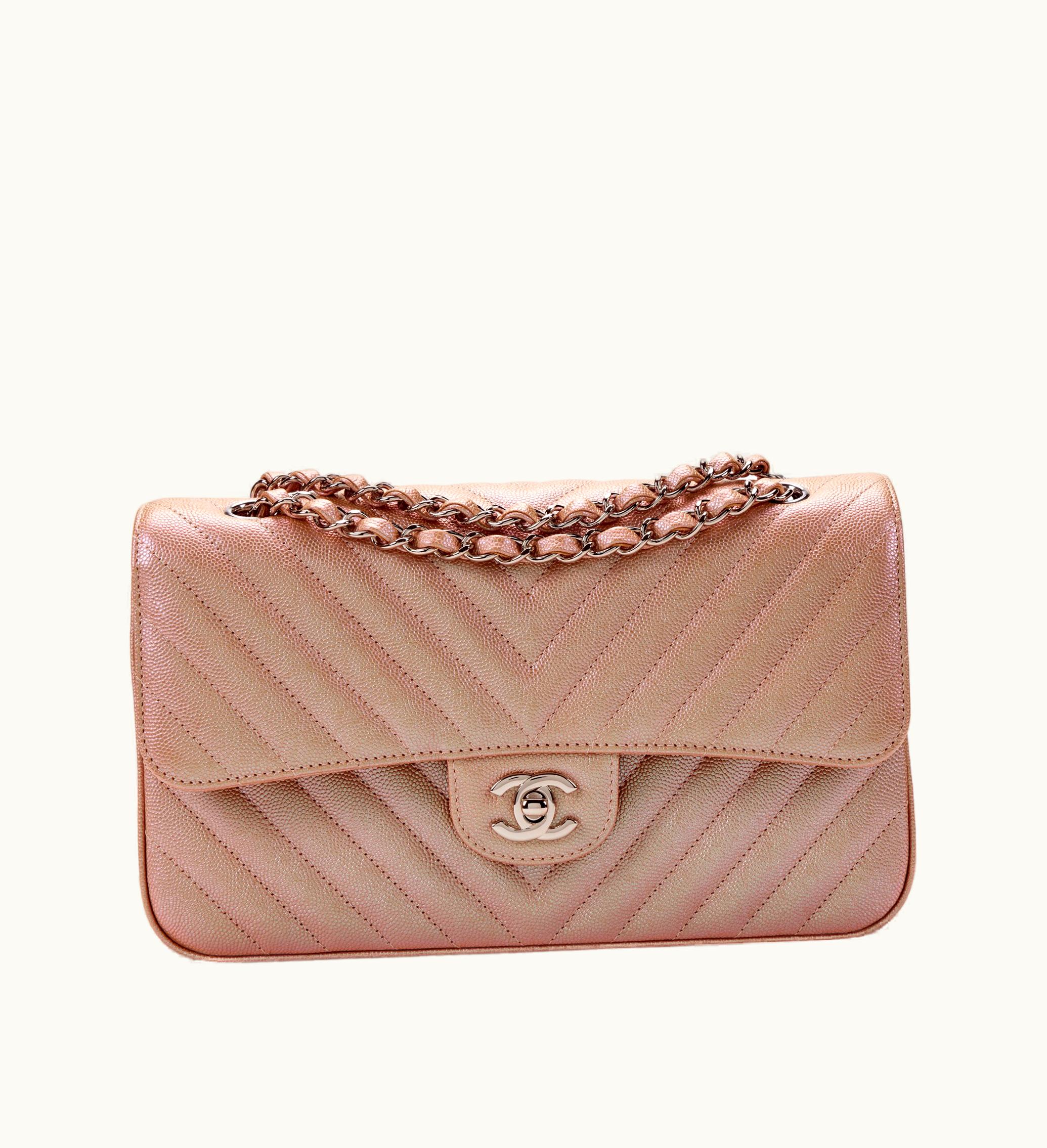 Chanel Chanel Shimmering Rose Gold Chevron Quilted Caviar Medium Classic Double Flap with Silver Hardware, 2017