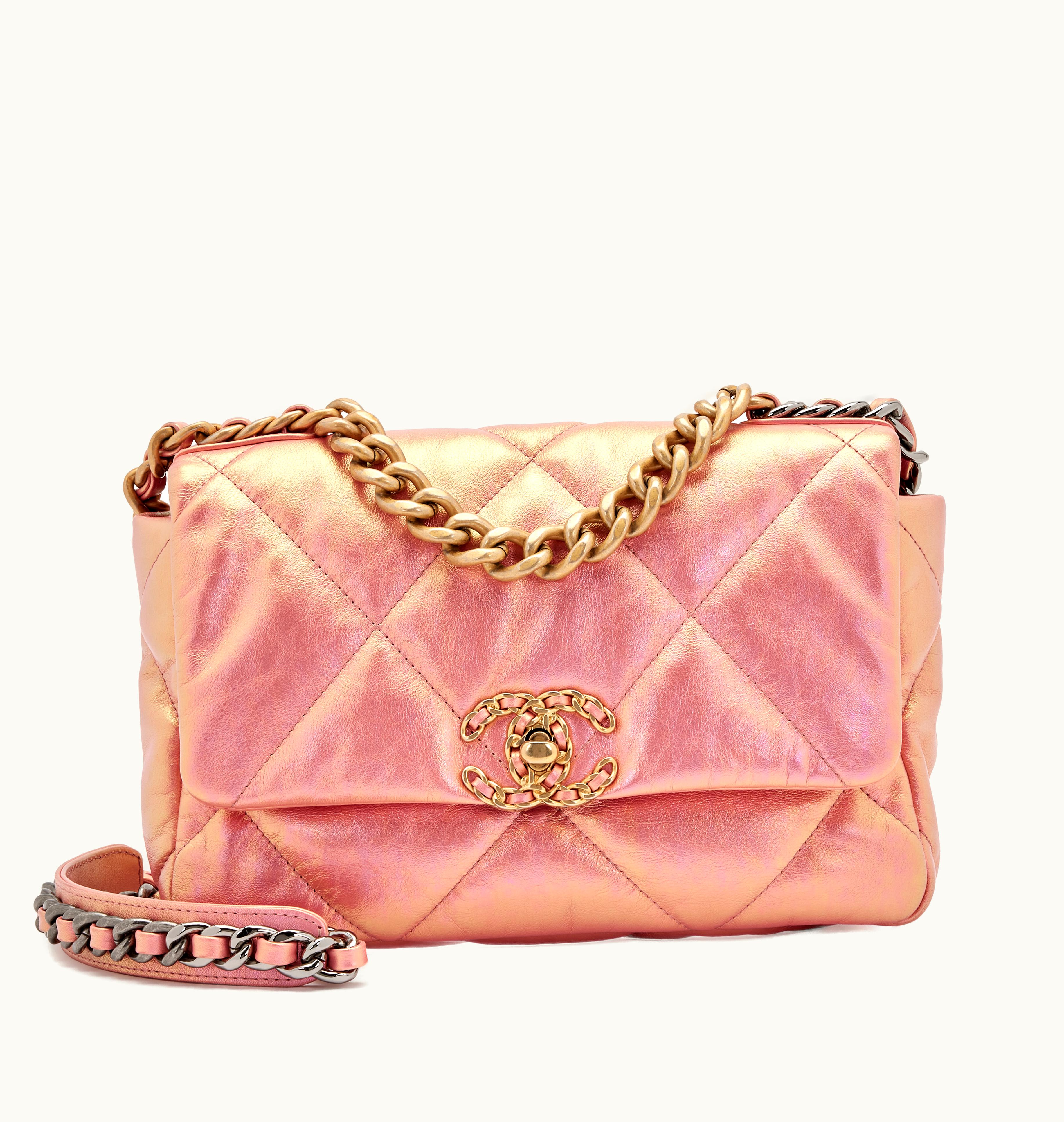 Chanel Chanel Medium 19 Flap in Pink Iridescent Quilted Calfskin, adorned with Gold, Silver, and Ruthenium Hardware, manufactured in 2021