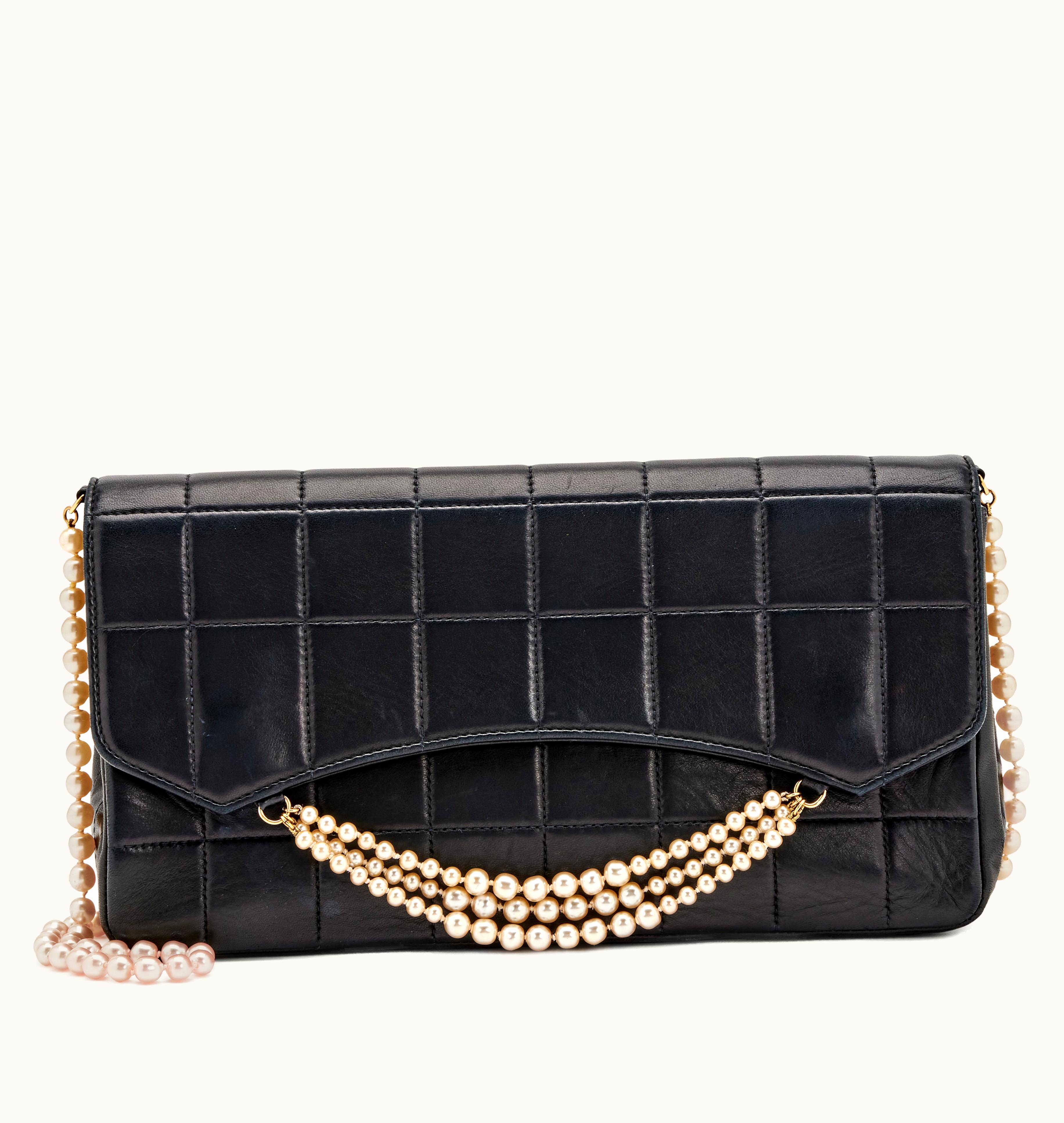 Chanel Chanel Imitation Pearl Chain Flap Bag with Gold Hardware - Black Lambskin Quilted Chocolate Bar Design, 2002-2003