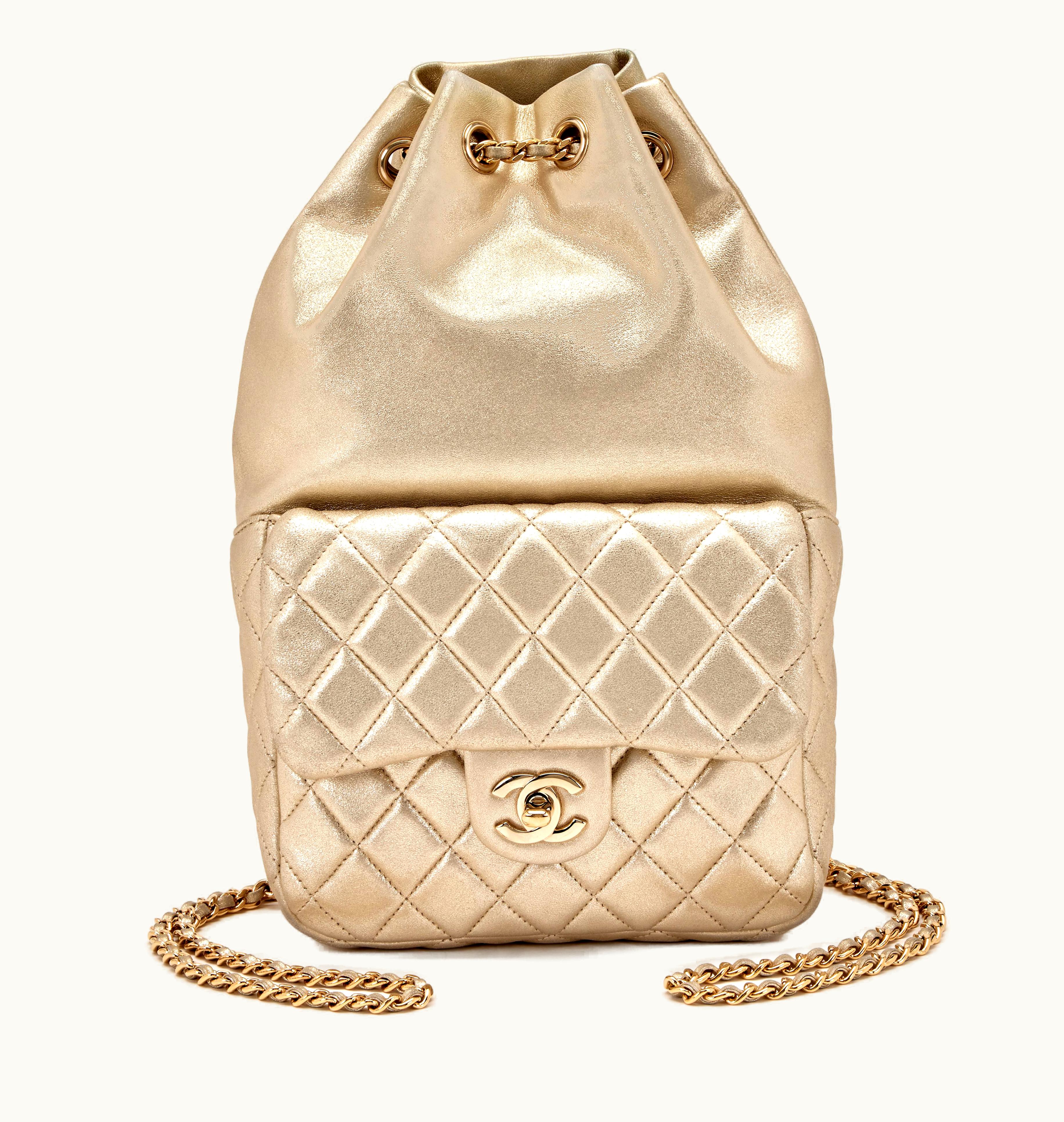 Chanel Chanel 2015-2016 Chanel Drawstring Backpack: Lambskin Quilted, Metallic Gold, Pale Gold Hardware