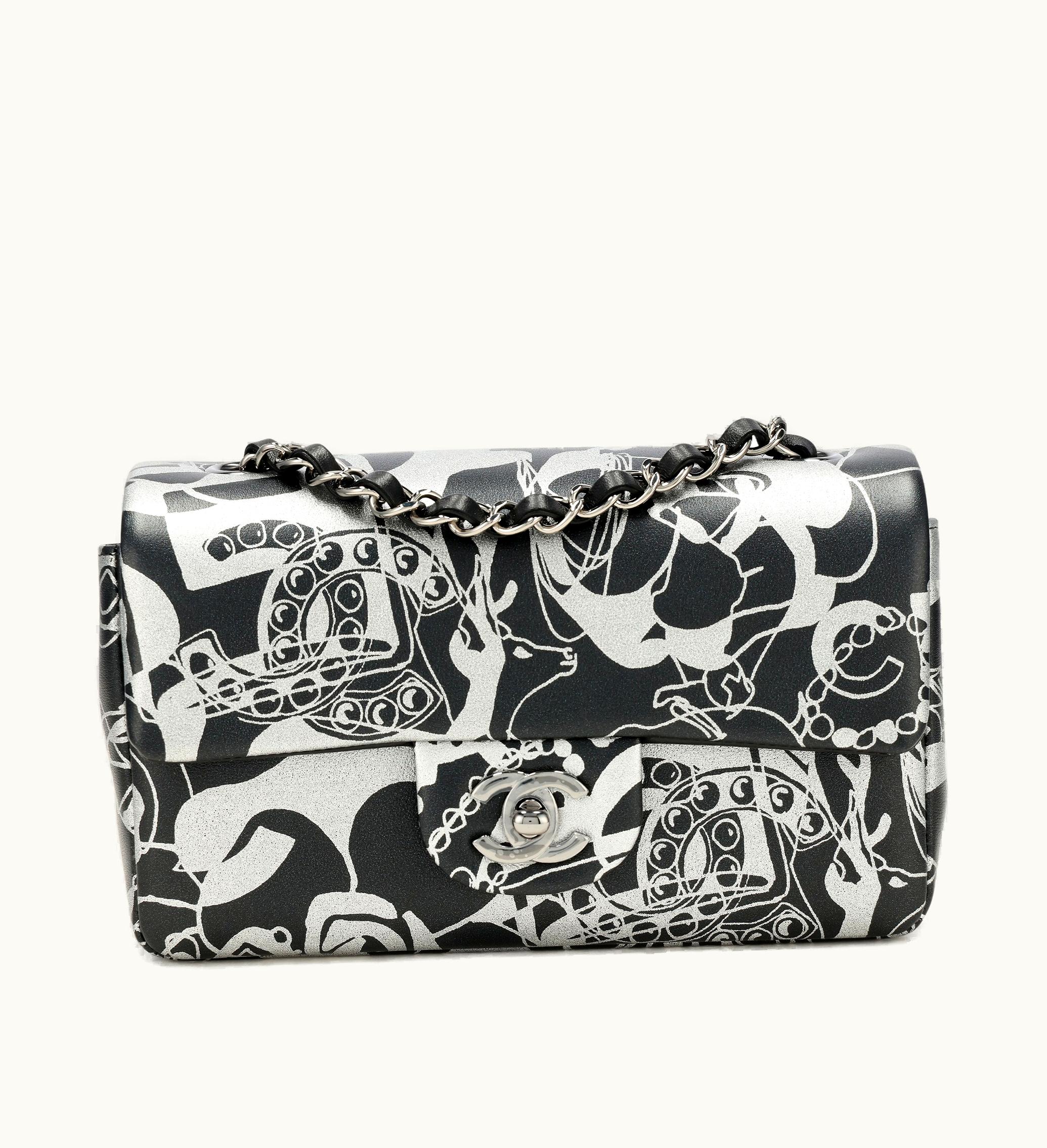 Chanel Chanel 2022 Chanel Mini Classic Flap in Printed Black and Silver Lambskin with Ruthenium Hardware