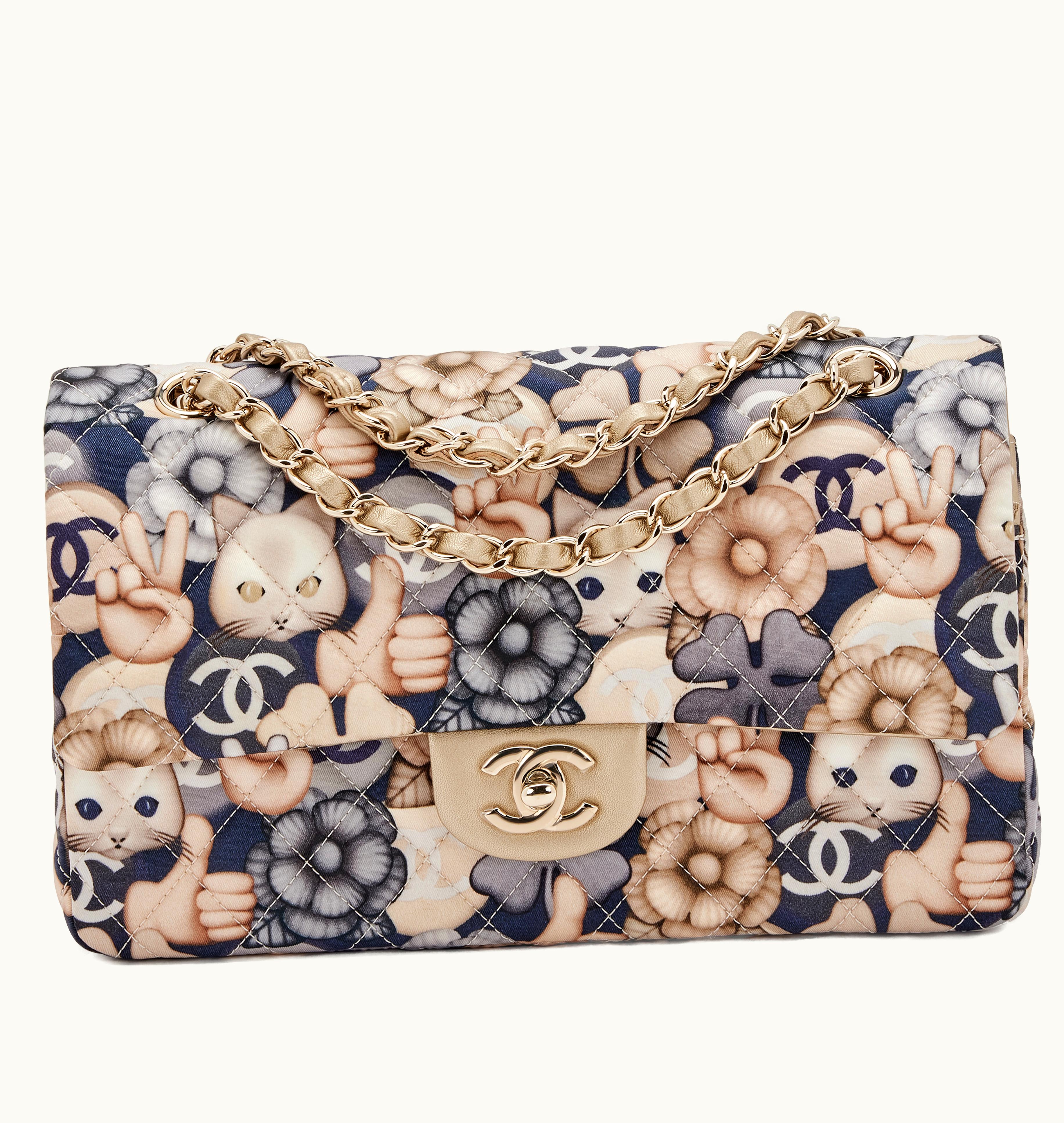 Chanel Chanel Cream, Tan and Indigo Quilted Nylon Metallic Gold Lambskin Medium Cat Emoticon Double Flap Gold Hardware, 2016