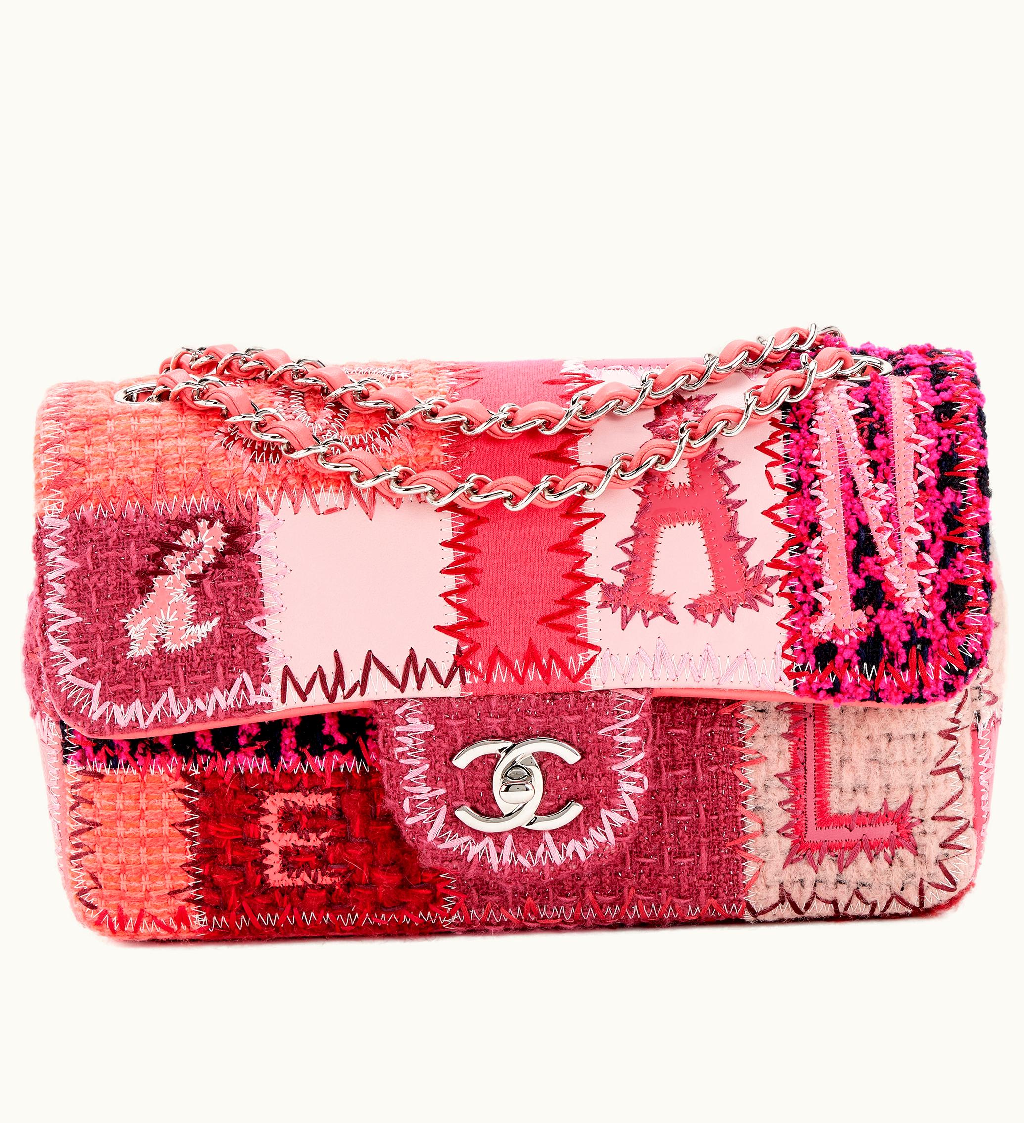 Chanel Chanel 2016 Pink Tweed, Caviar, and Calfskin Patchwork Medium Classic Single Flap Silver Hardware
