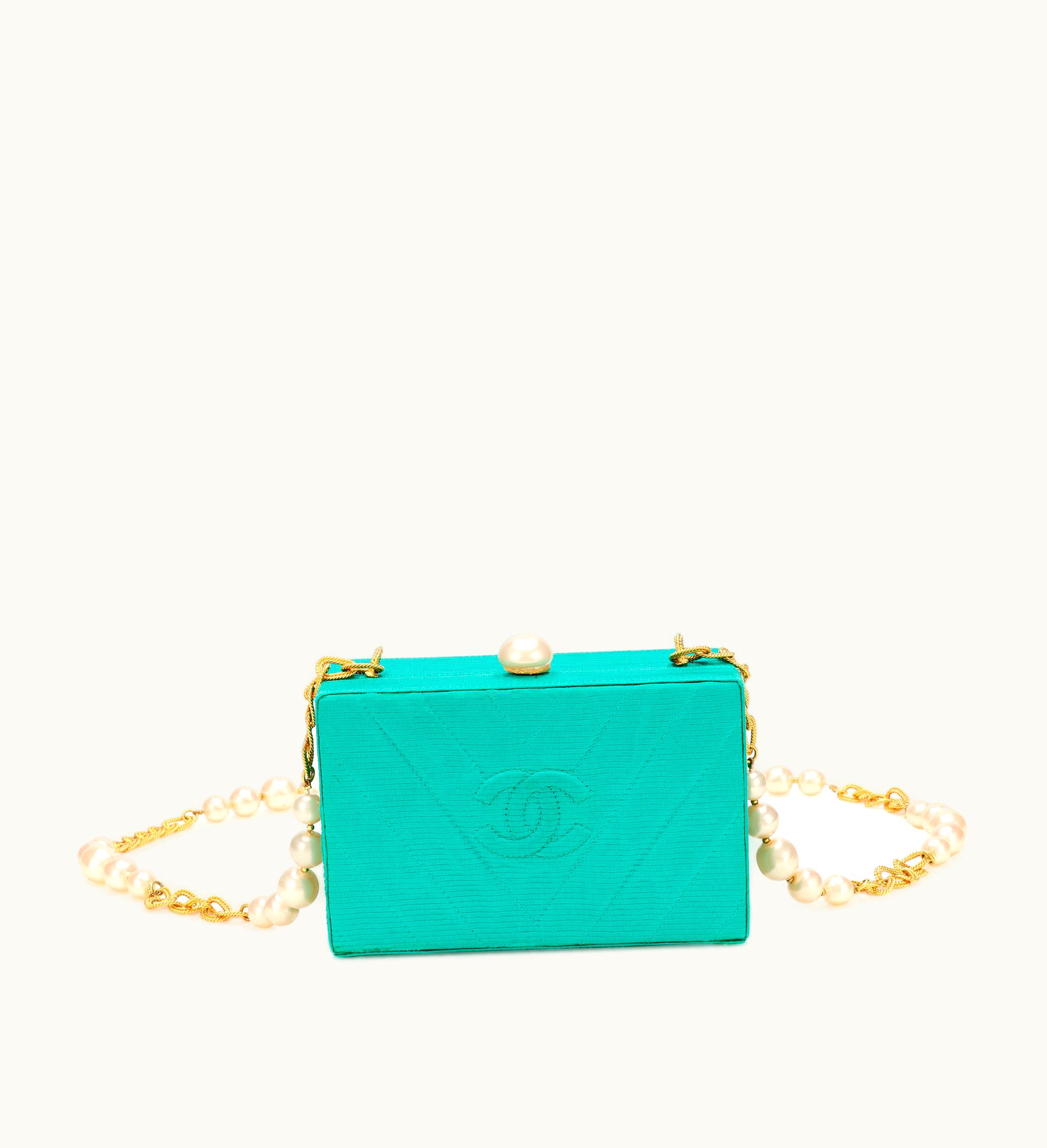 Chanel Chanel Satin CC Minaudière in Green Quilted Design with Gold and Imitation Pearl Hardware, Manufactured between 1991 and 1994